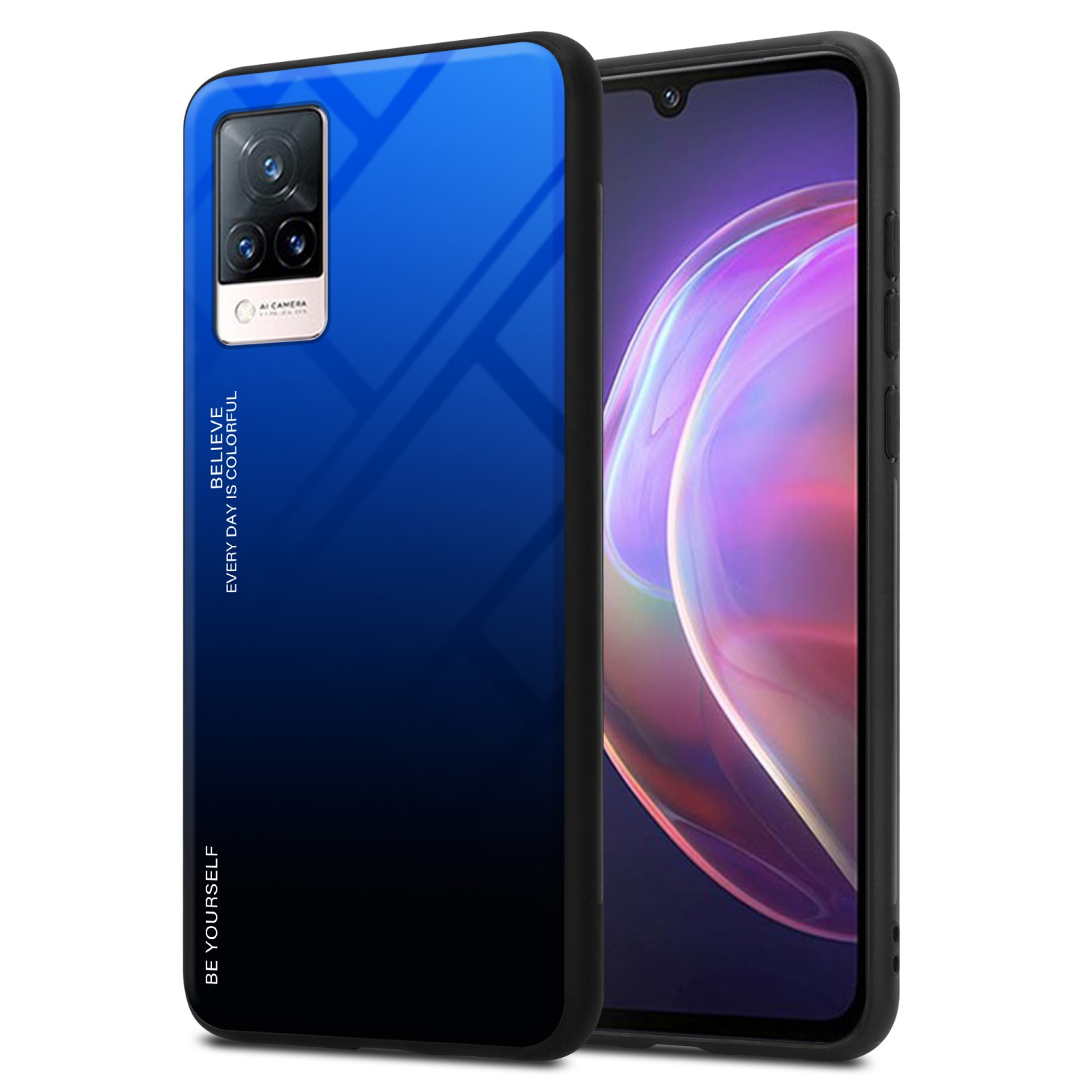 Custodia per telefono blu e nera con telefono all'interno. La custodia ha una citazione.