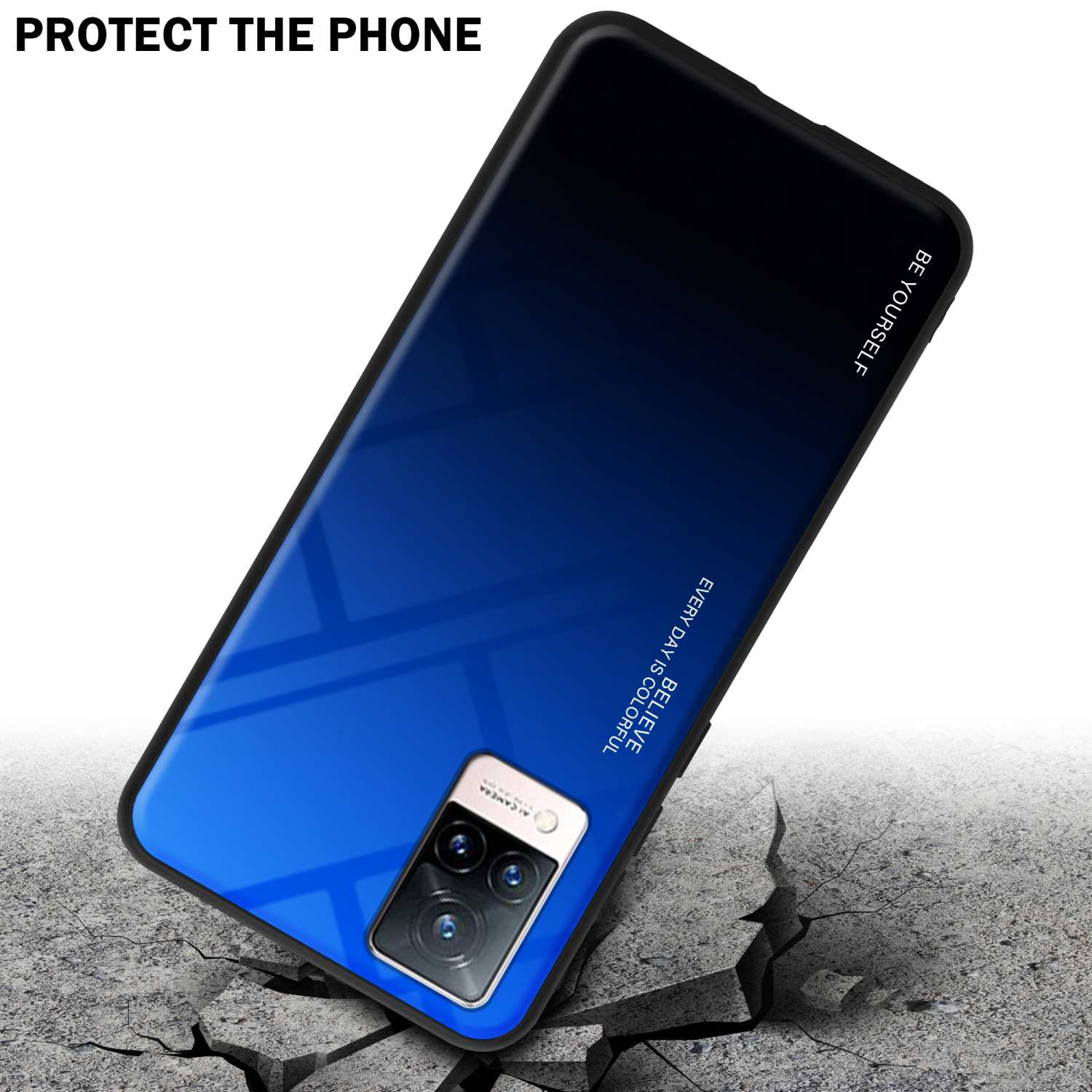 La custodia del telefono protegge il telefono dalle cadute. Gradiente da blu a nero sul retro del telefono.