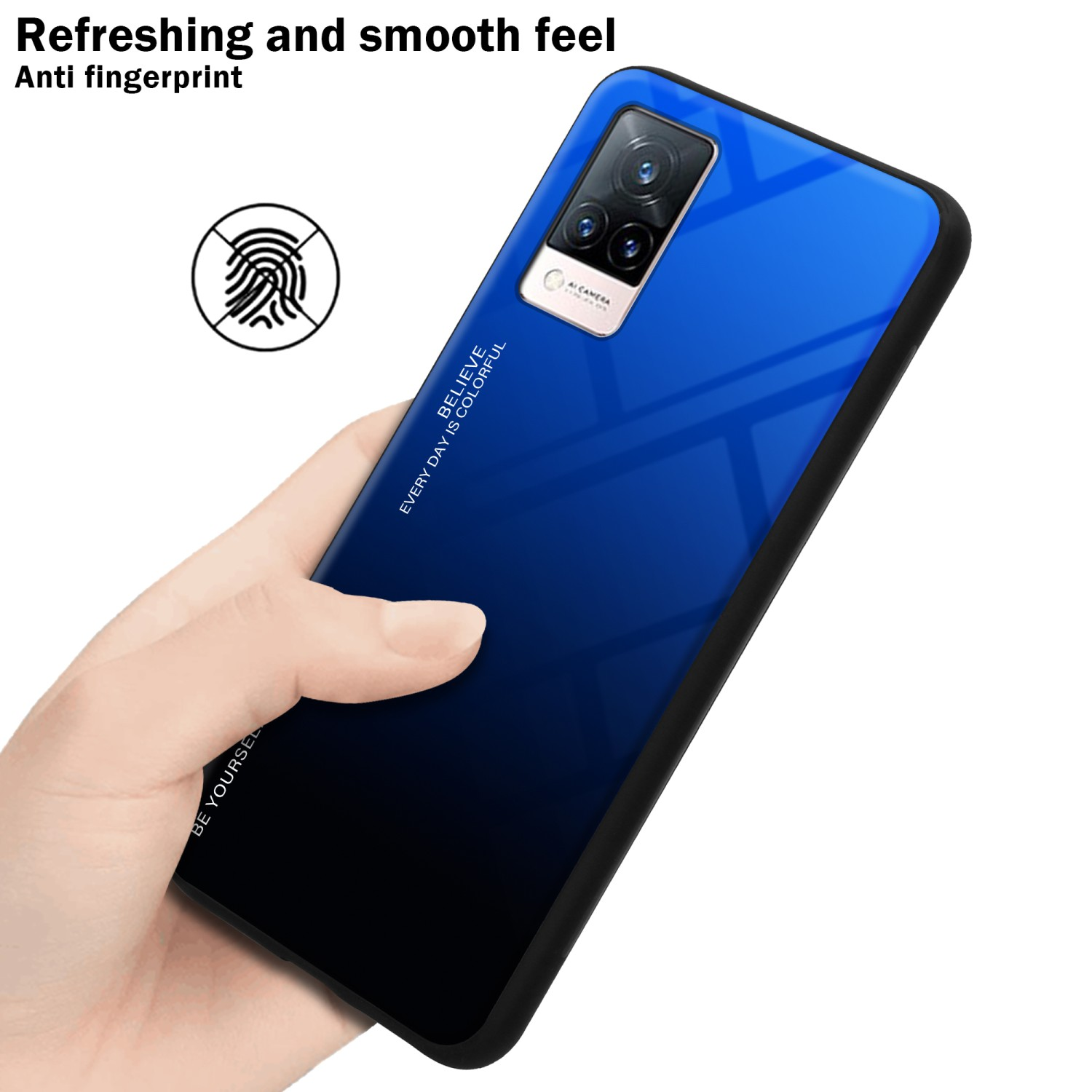 Mano che tiene un telefono sfumato blu. Caratteristiche: impronta digitale, fotocamera. Sensazione rinfrescante e liscia.