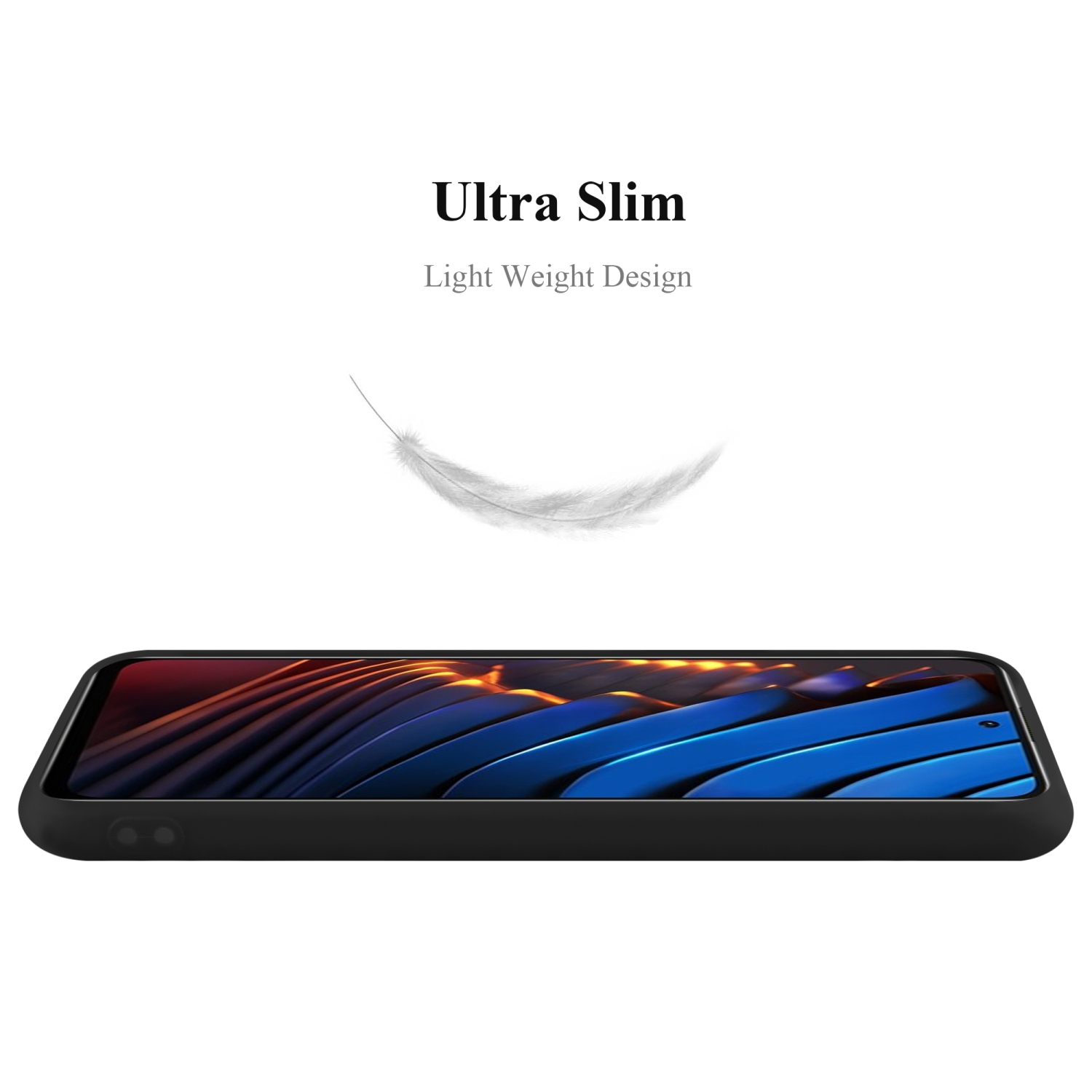 Una custodia per telefono nera ultrasottile con una piuma che fluttua sopra viene mostrata, evidenziando il design leggero.