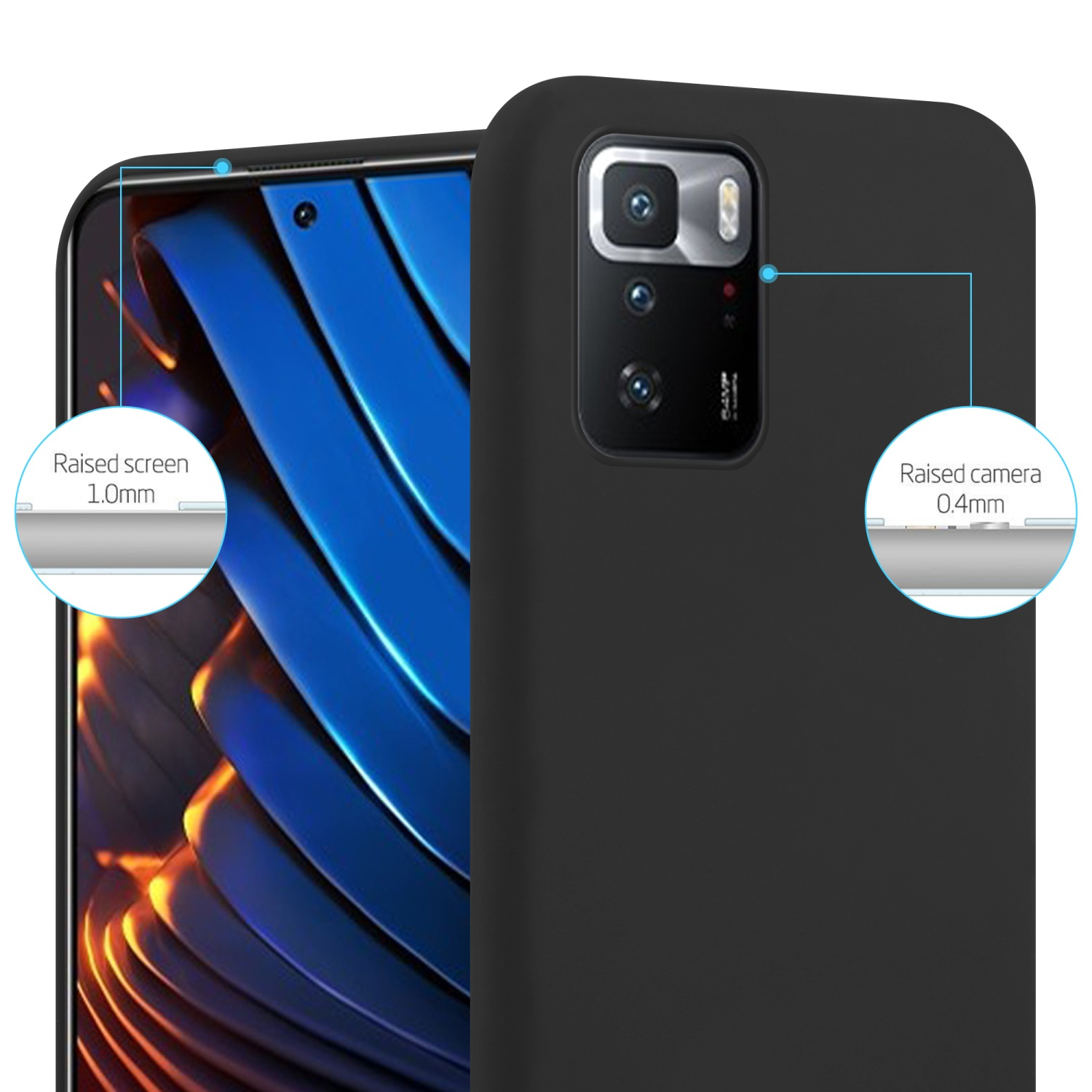 Una custodia per telefono nera. Testo: Schermo e fotocamera rialzati.