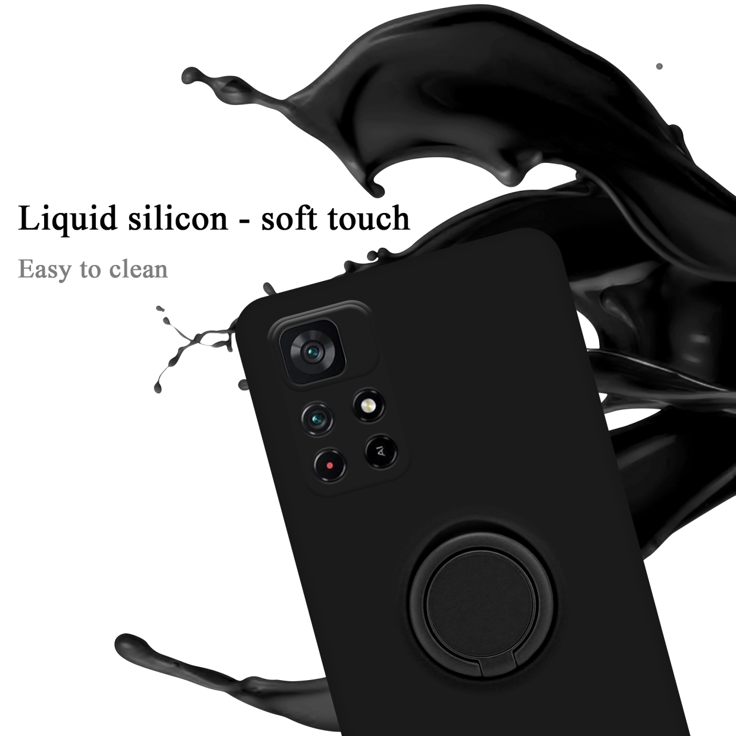 Custodia per telefono nera con supporto ad anello, silicone liquido, con schizzo di vernice nera. Tocco morbido.