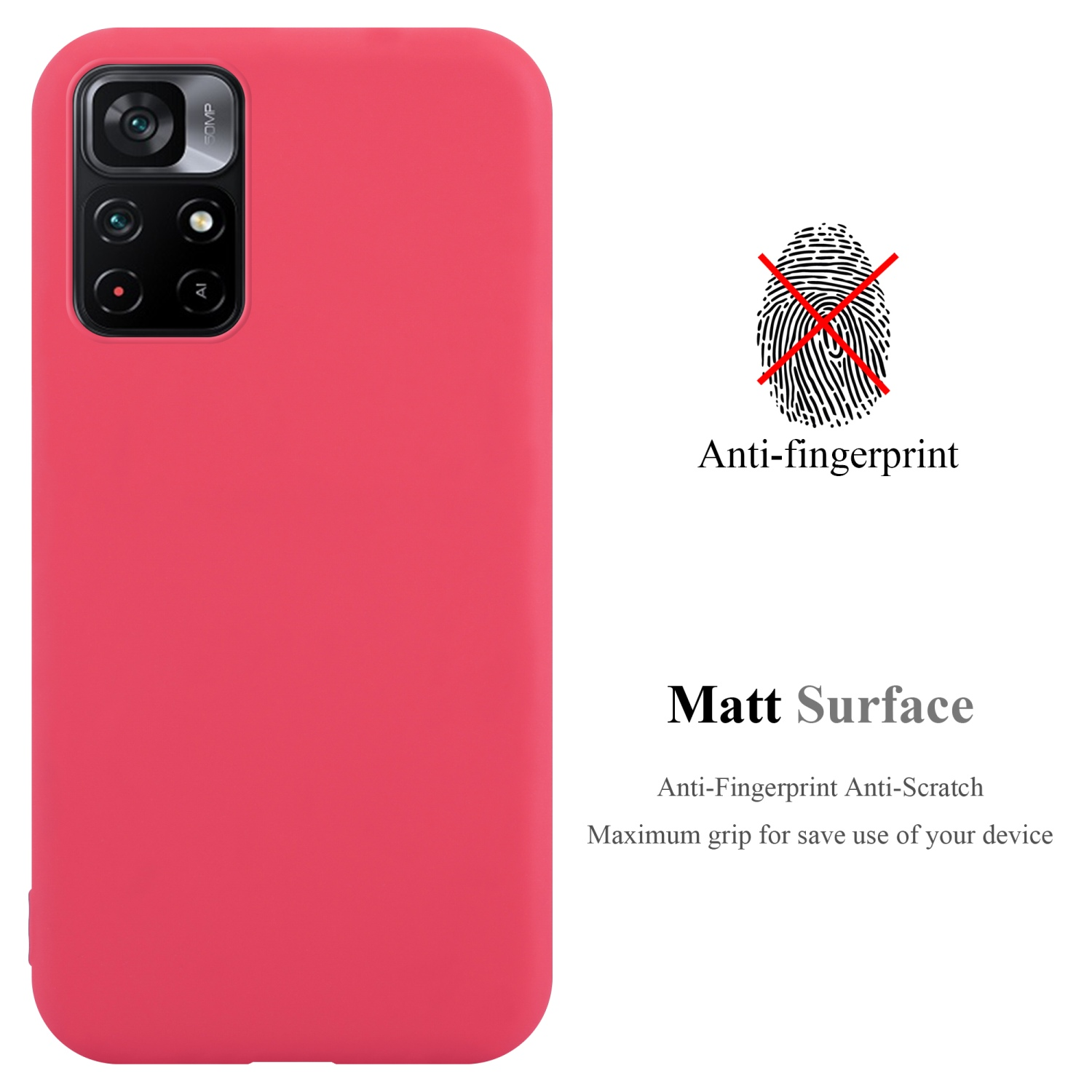Custodia per telefono rossa con modulo fotocamera. Il testo dice: Anti-impronta, Superficie opaca e Massima presa.