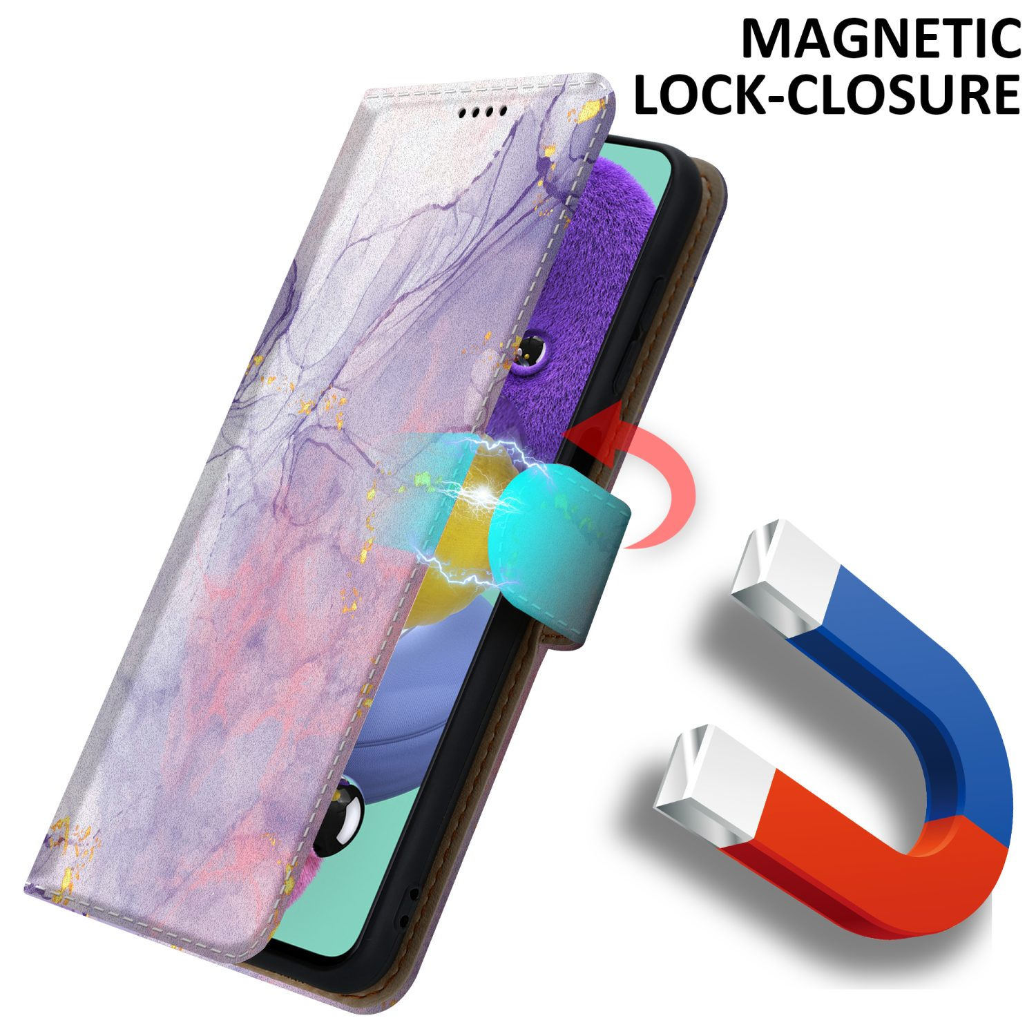 Custodia per telefono con design marmoreo e chiusura magnetica. Un magnete illustra la funzione di blocco.