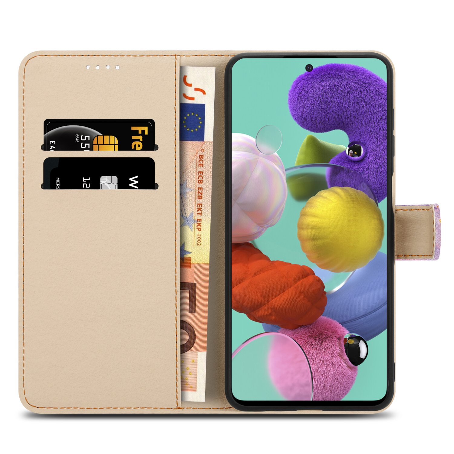 Una custodia per telefono beige aperta, che mostra carte, denaro e uno schermo del telefono.