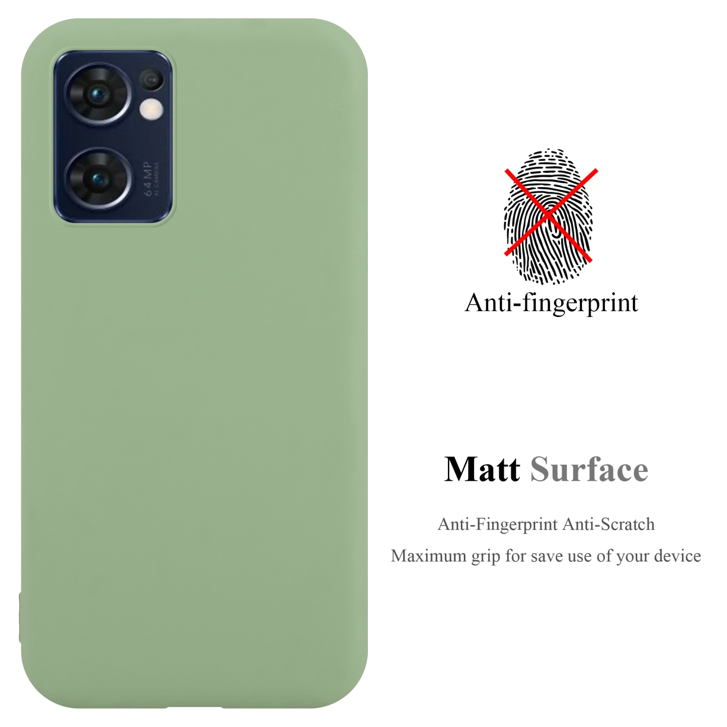 Una custodia per telefono verde chiaro con testo anti-impronta e antigraffio.