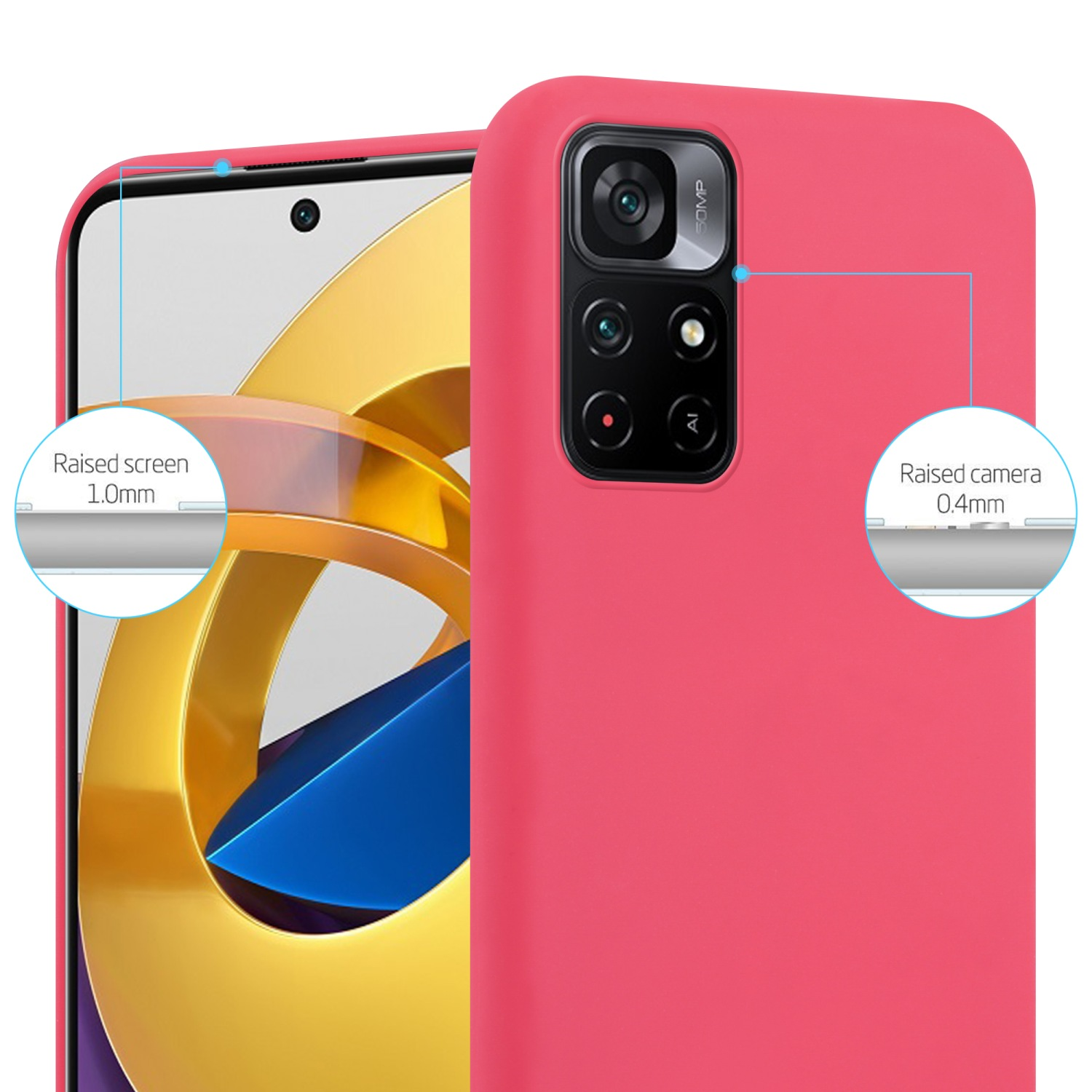 Un telefono rosa in una custodia, che mostra la fotocamera e la protezione dello schermo. Lo sfondo è bianco. Il testo indica le aree rialzate.