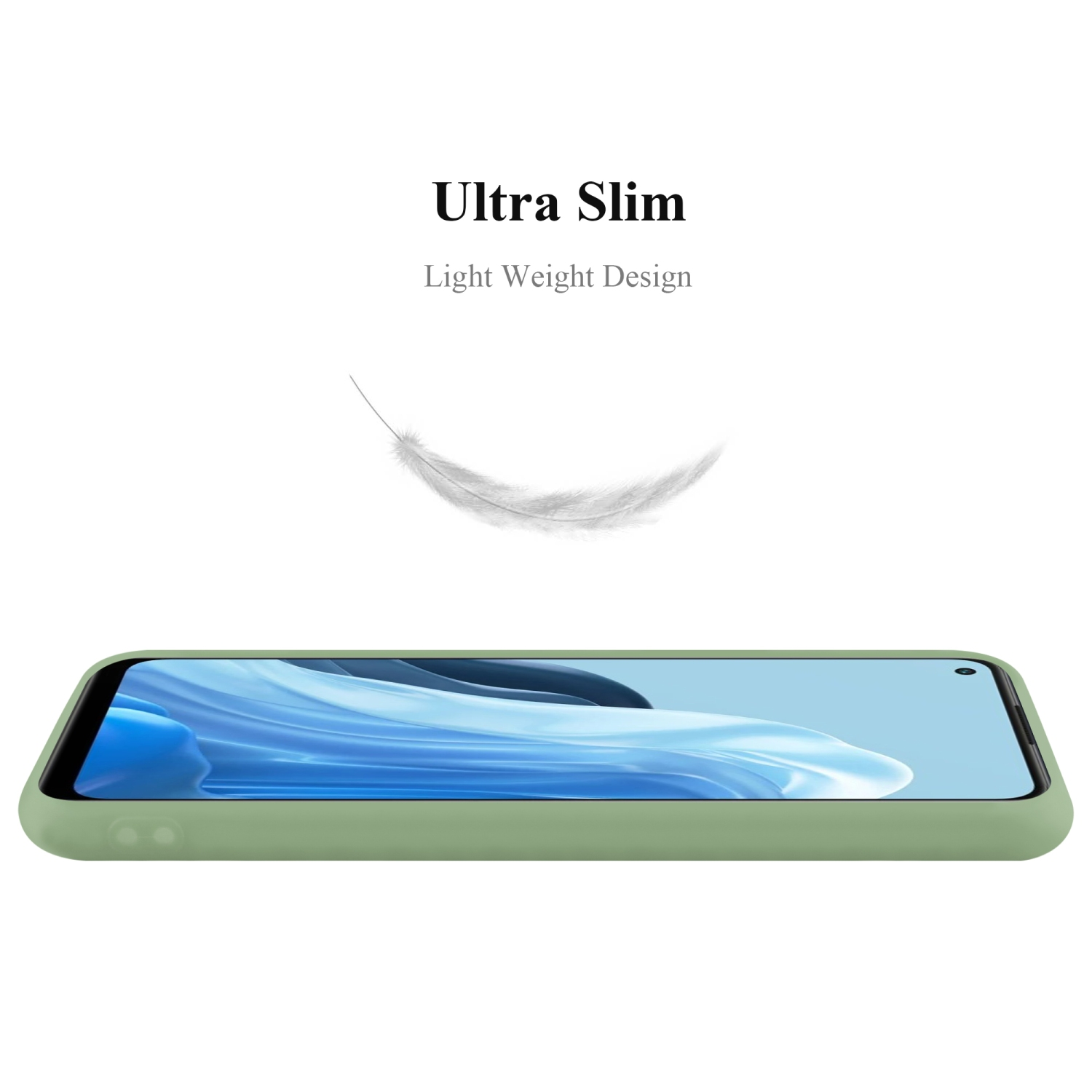 Una custodia per telefono verde oliva con un telefono all'interno, su sfondo bianco e una piuma.