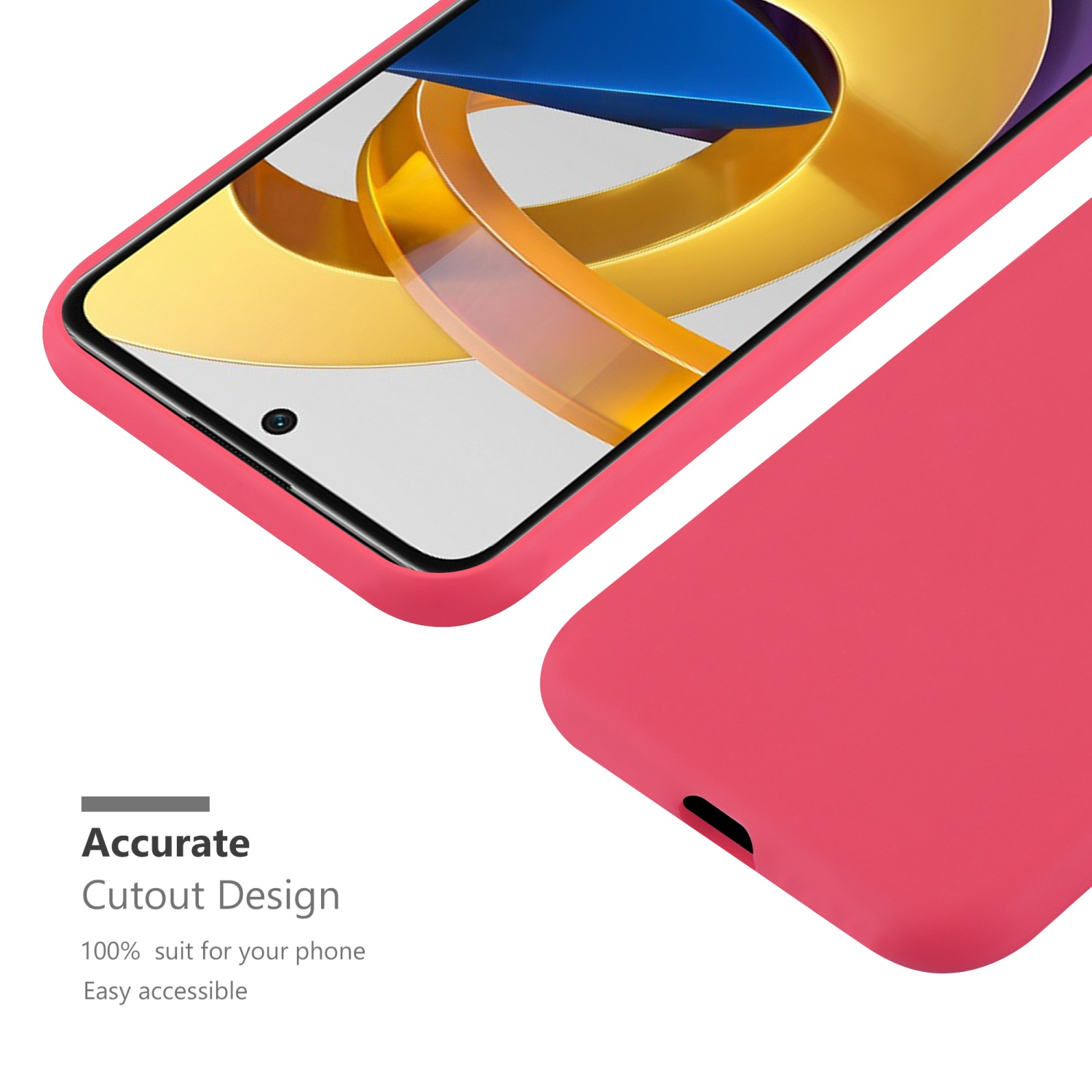Custodia rosa per telefono, primo piano che mostra un design di ritaglio preciso e facile accessibilità, con testo.