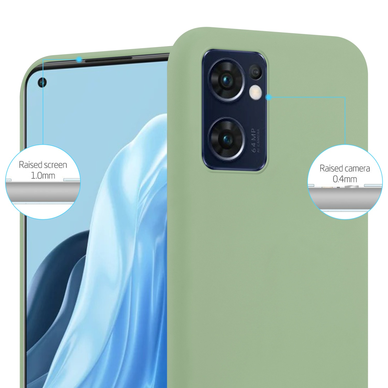 Custodia per telefono verde su un telefono. Lo schermo e la fotocamera rialzati sono evidenziati.