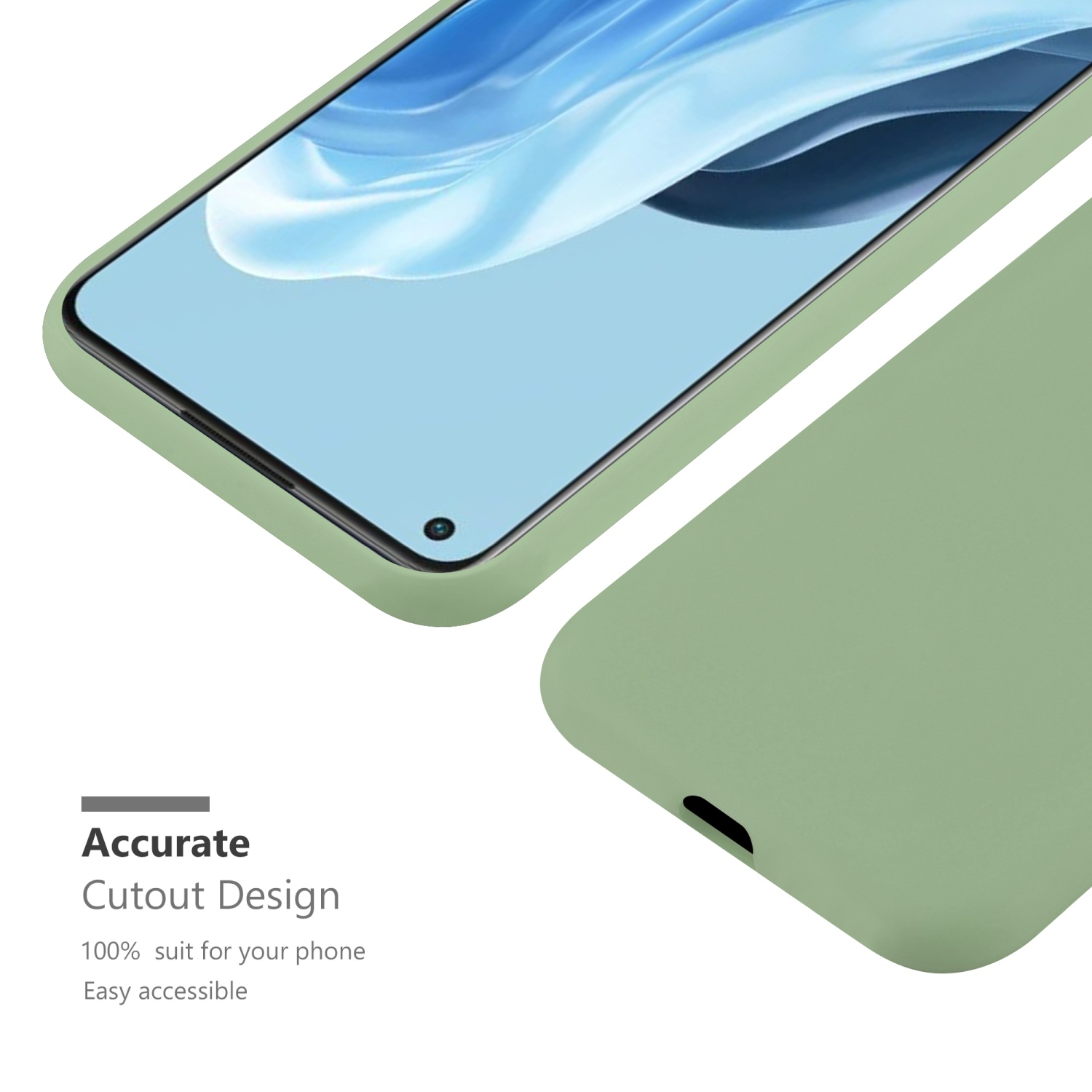 Primo piano della custodia del telefono, design ritagliato per il telefono, in verde. Su sfondo bianco, preciso.