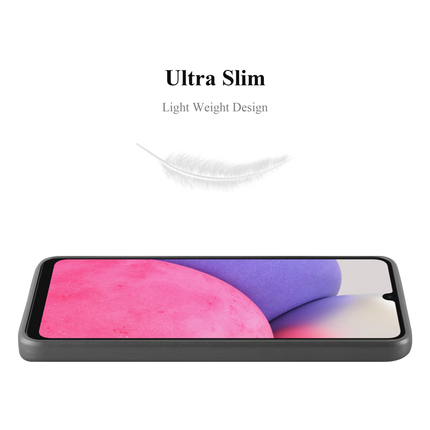 Ein Telefon auf einer grauen Hülle. Text: 'Ultra Slim'. Eine Feder wird über dem Telefon gezeigt.