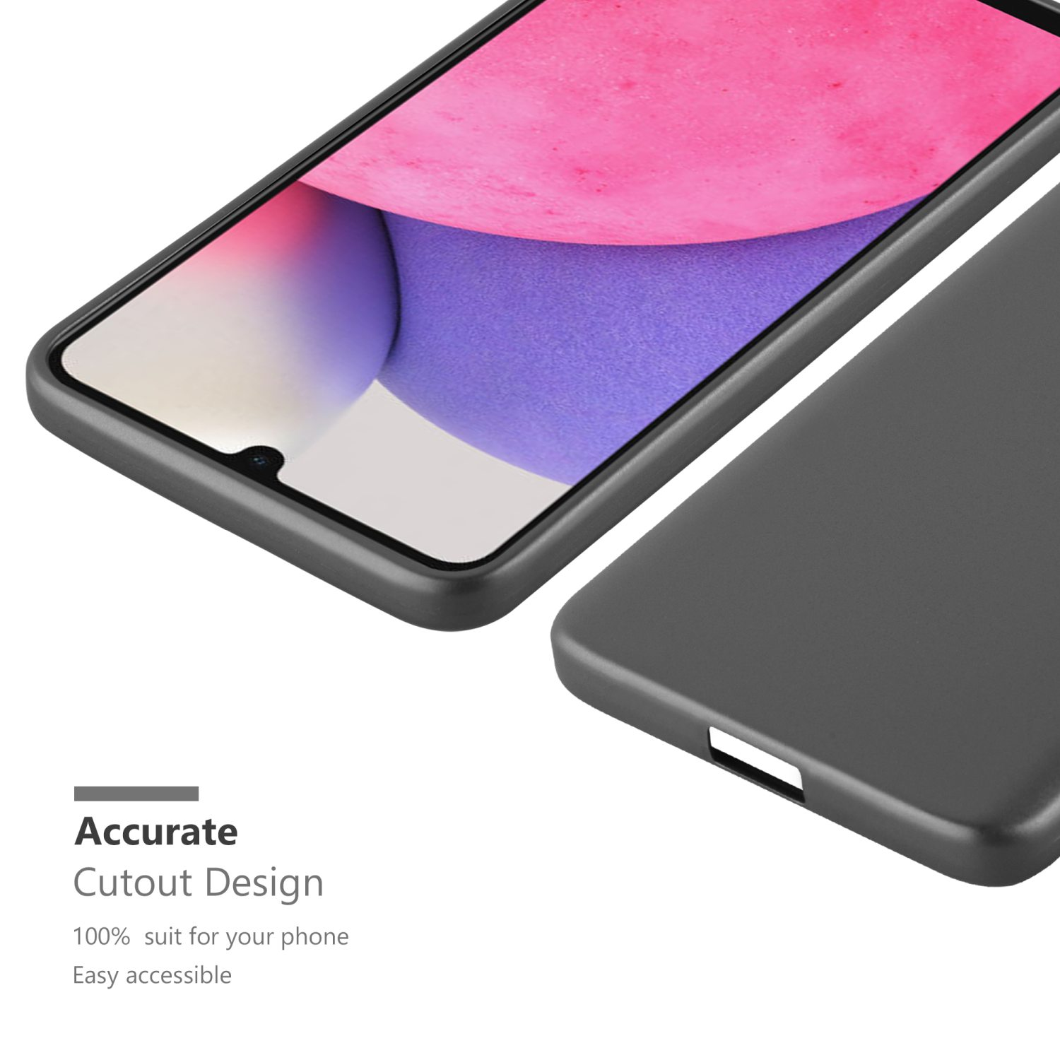 Eine Handyhülle mit einem grauen Telefon darin. Die Hülle hat ein Aussparungsdesign und ist leicht zugänglich.