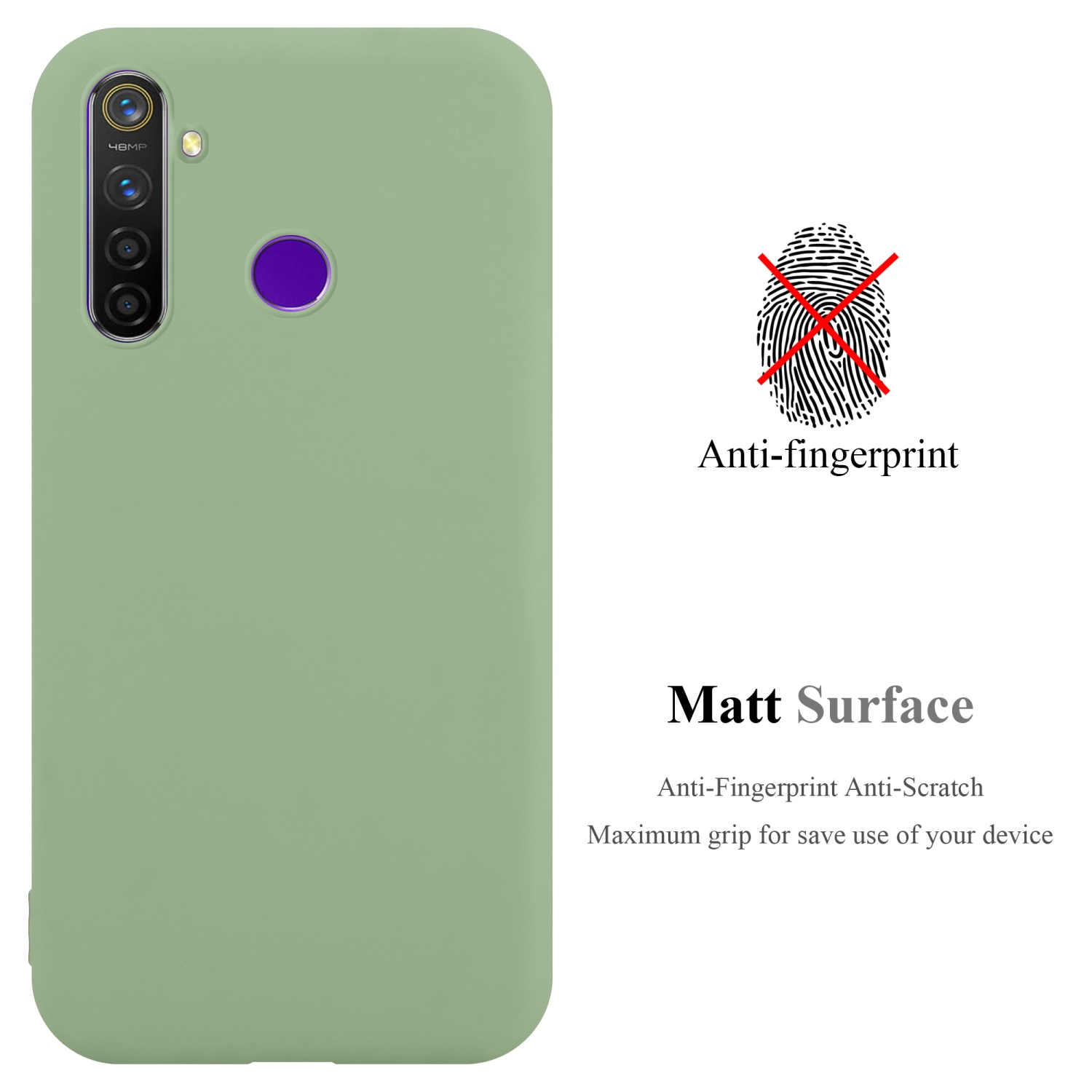 Una custodia verde con un telefono. Il testo indica anti-impronta e superficie opaca.