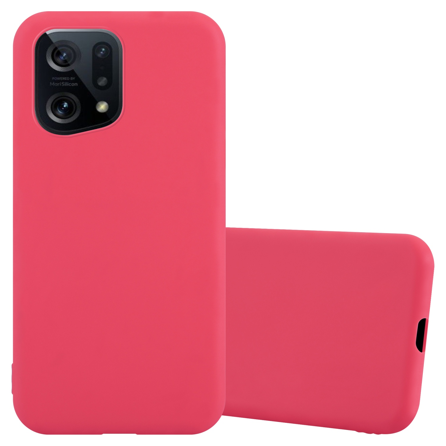 Custodia rossa per telefono con modulo fotocamera e retro strutturato.