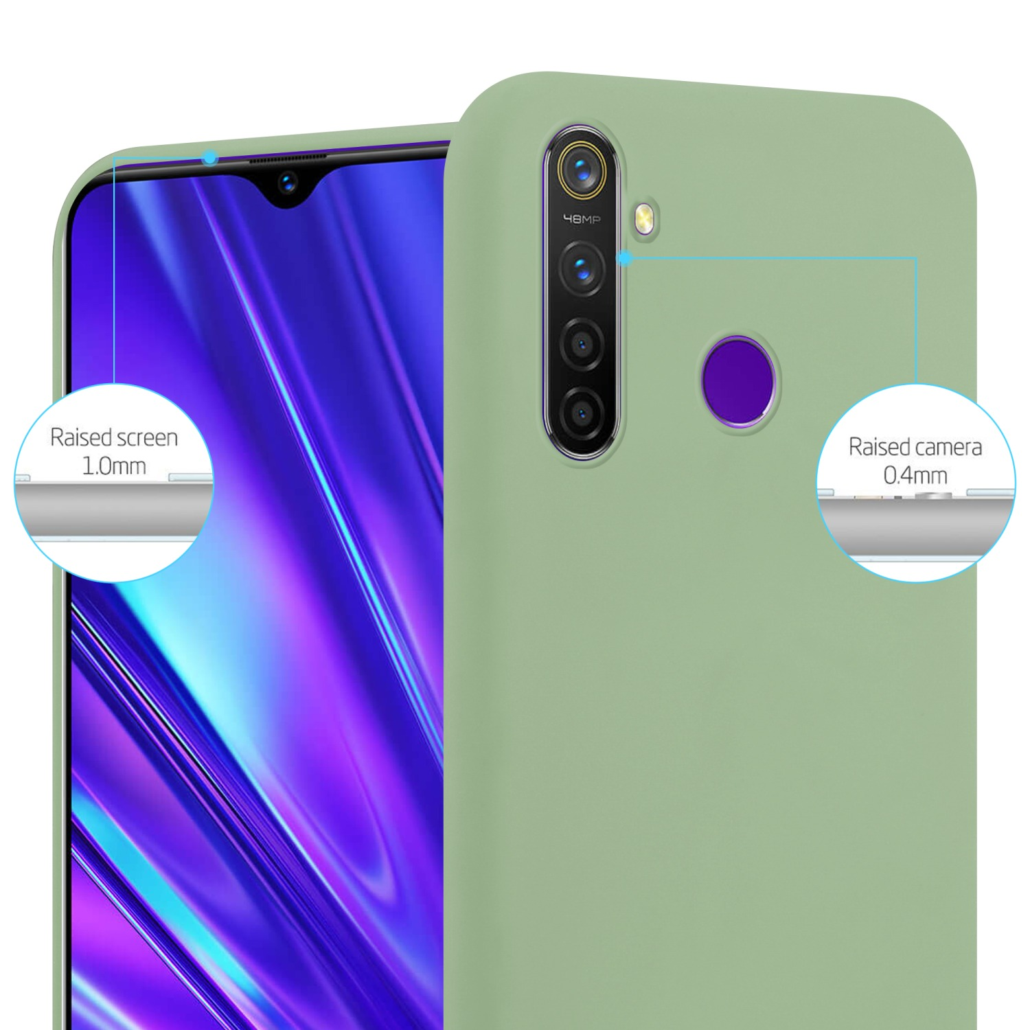 Custodia verde per telefono con telefono all'interno. Schermo e fotocamera rialzati dettagliati. Il testo mostra l'altezza.