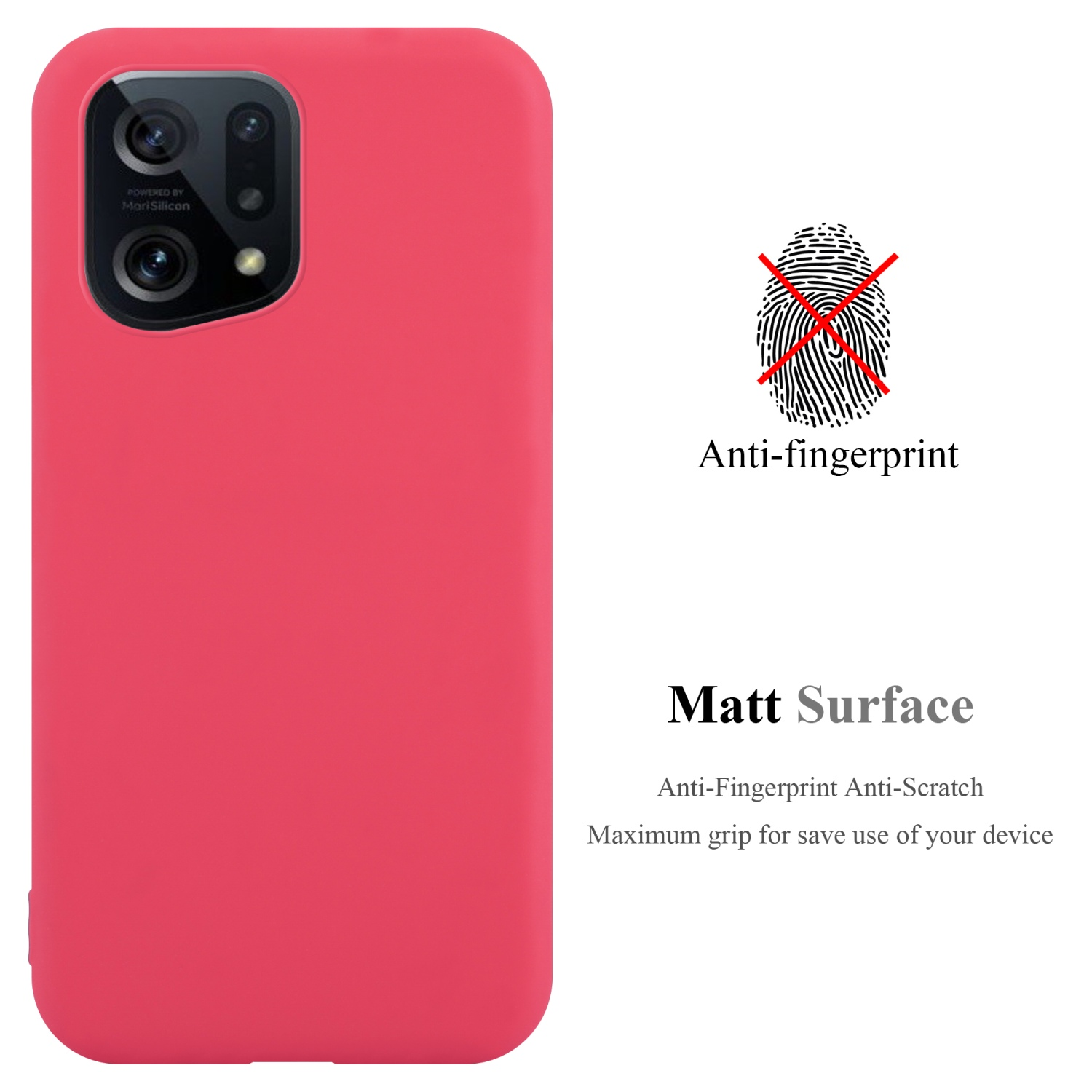 Custodia per telefono rossa con testo e un simbolo di impronta digitale con una croce rossa su sfondo bianco.
