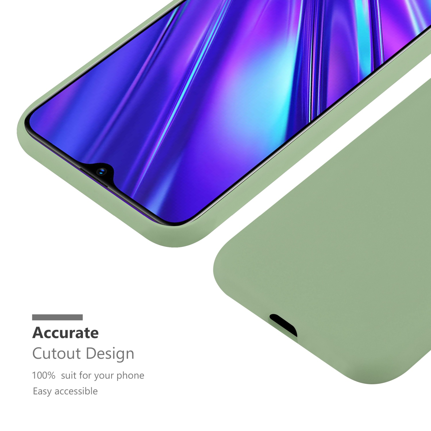 Custodia per telefono verde con telefono inserito. Design preciso del ritaglio. Facile accesso e vestibilità personalizzata.