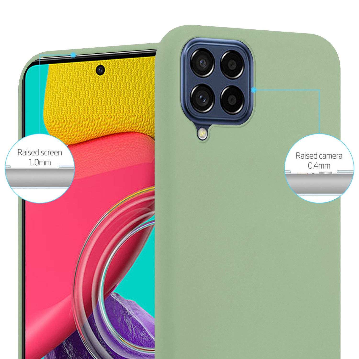 Primo piano di una custodia verde per telefono con bordi rialzati dello schermo e della fotocamera.