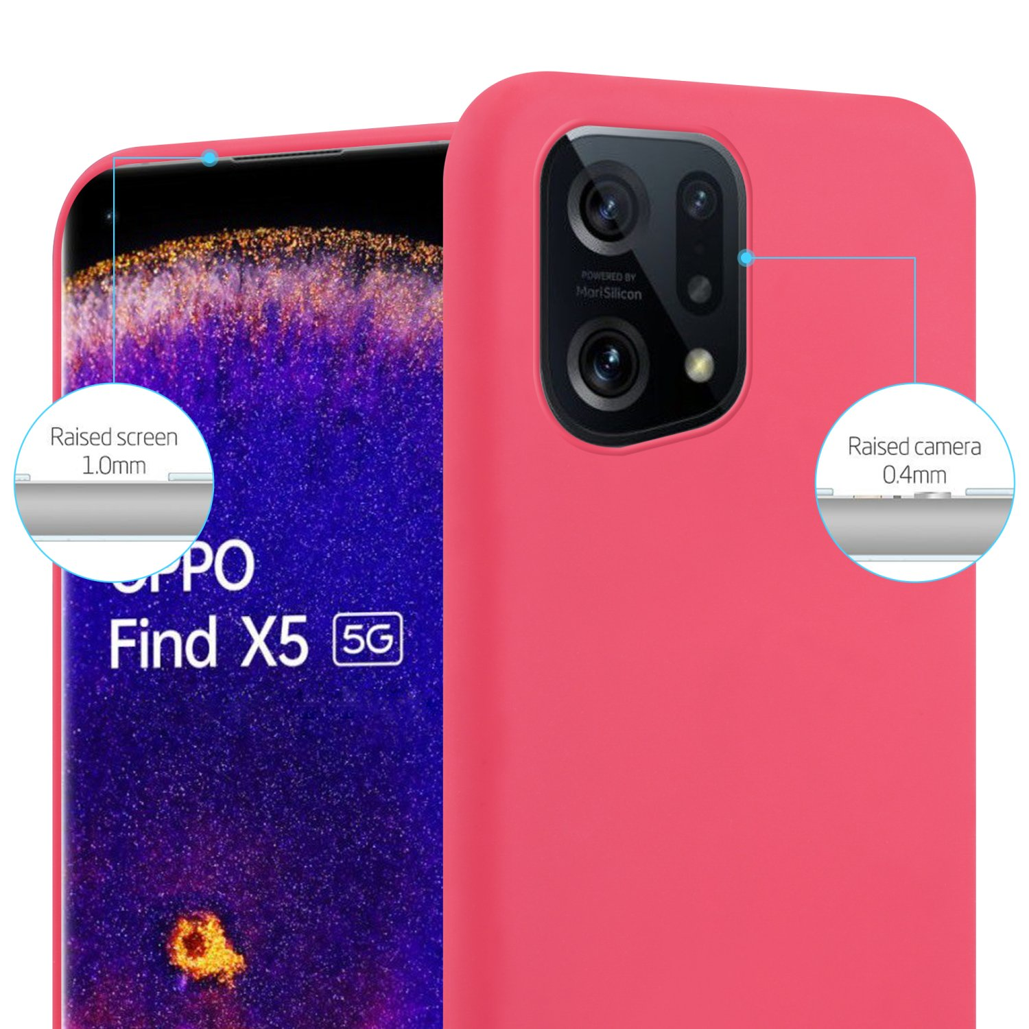 Una custodia per telefono rosa con schermo e fotocamera rialzati. Il telefono è nella custodia.