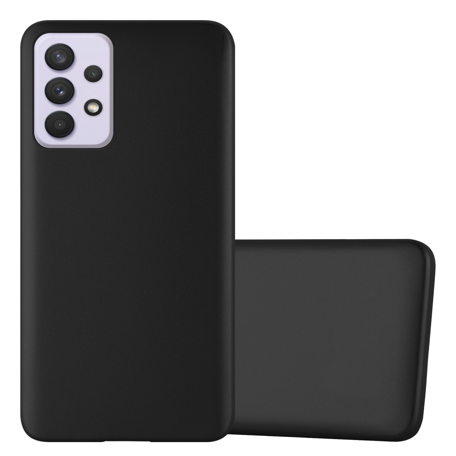 Schwarze Handyhülle auf einem Telefon. Das Telefon ist schwarz. Die Hülle bedeckt das Telefon.