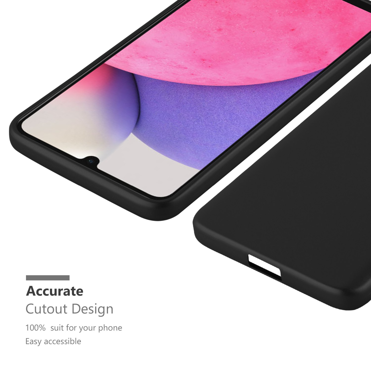 Eine schwarze Handyhülle mit einem Telefonbildschirm, und weißer Text sagt: Präzises Ausschnittdesign.