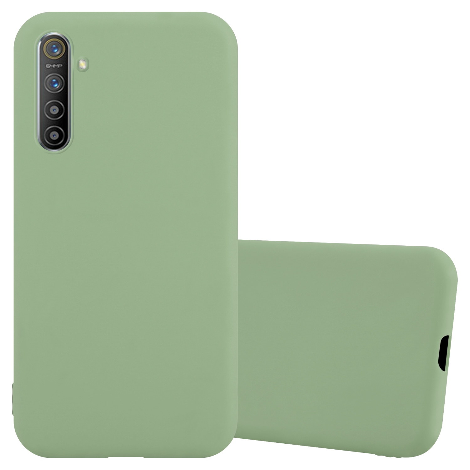Due custodie per telefono verde chiaro, una in piedi e una sdraiata.