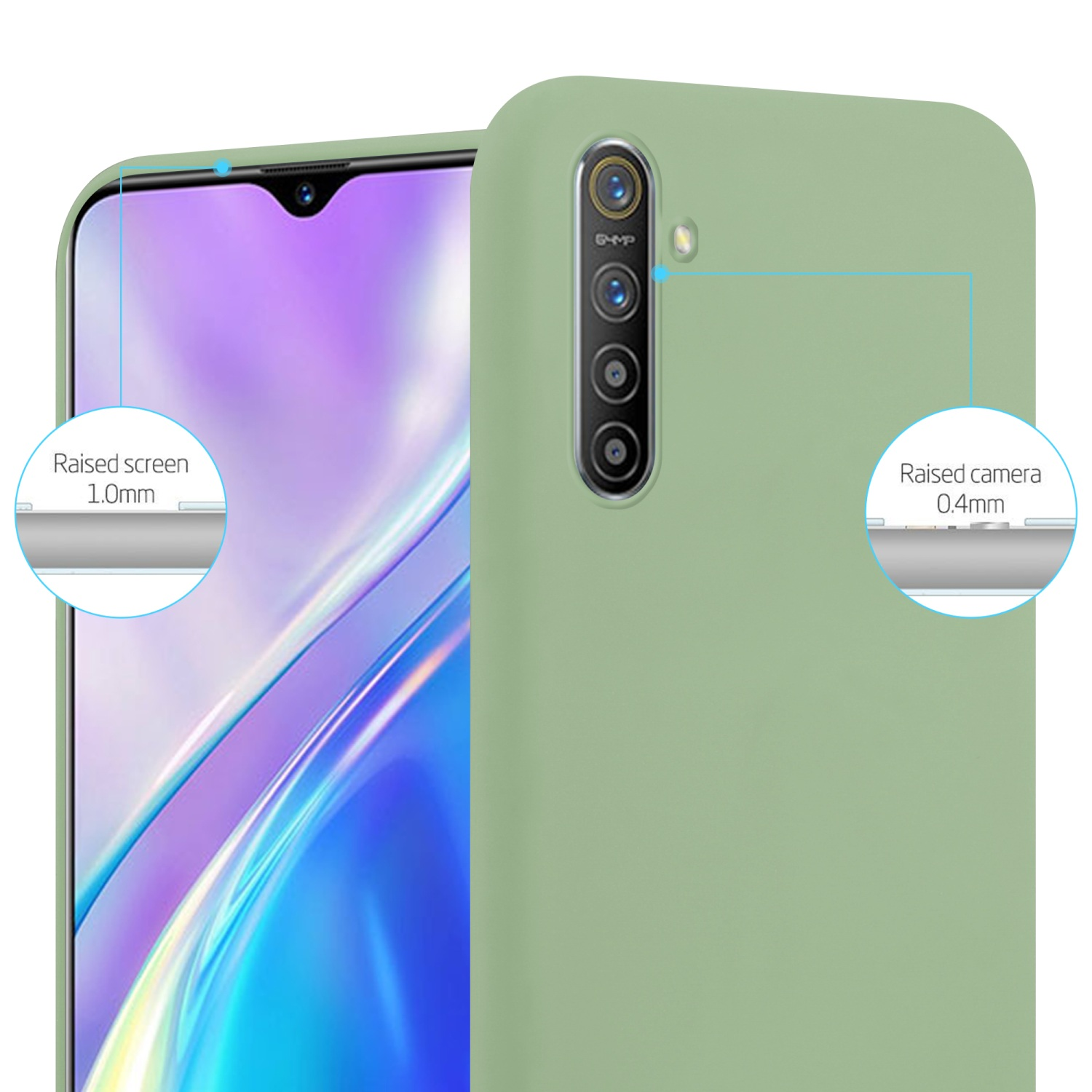 Una custodia verde per telefono con bordi rialzati dello schermo e della fotocamera. Il telefono ha una configurazione a tripla fotocamera.
