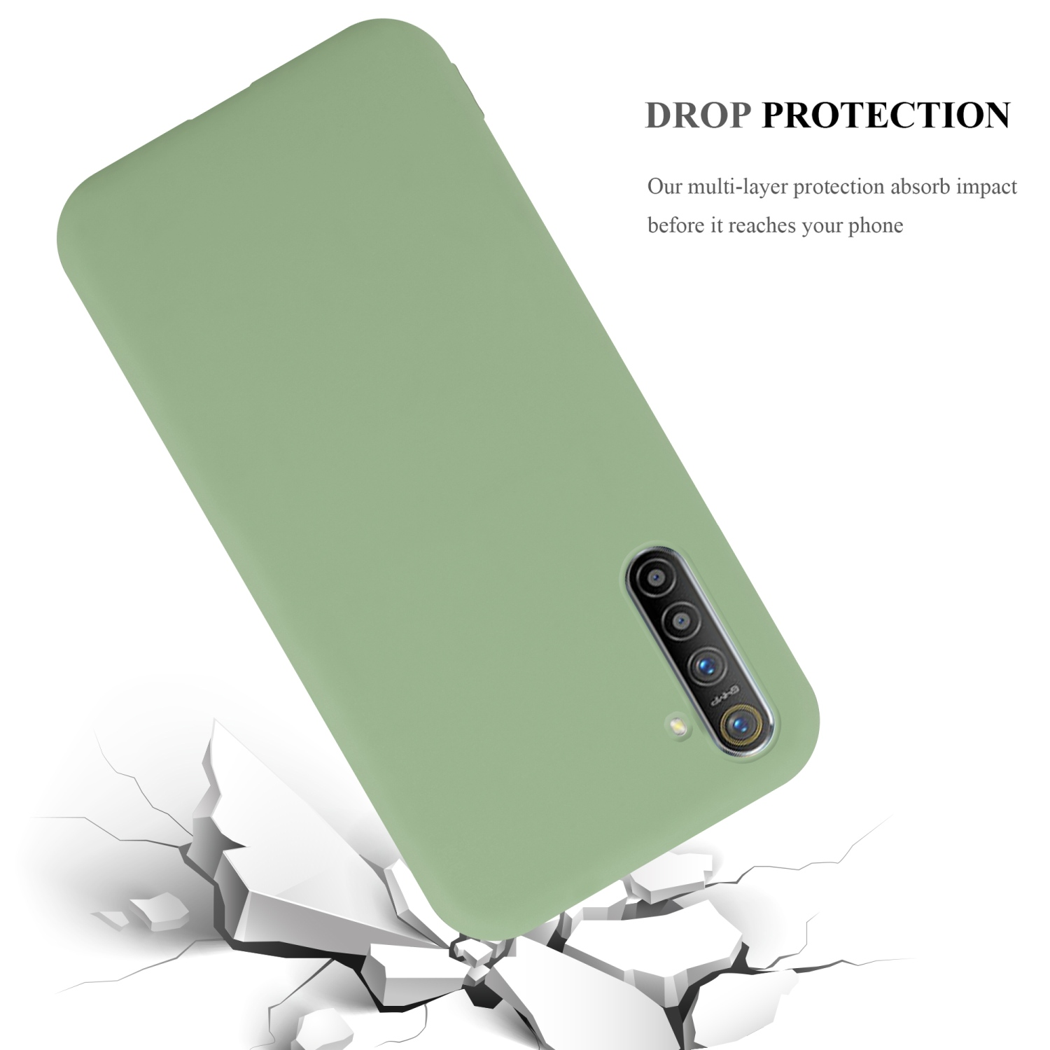 Custodia verde per telefono, che mostra la protezione dagli urti. Testo: DROP PROTECTION Our multi-layer protection absorb impact.