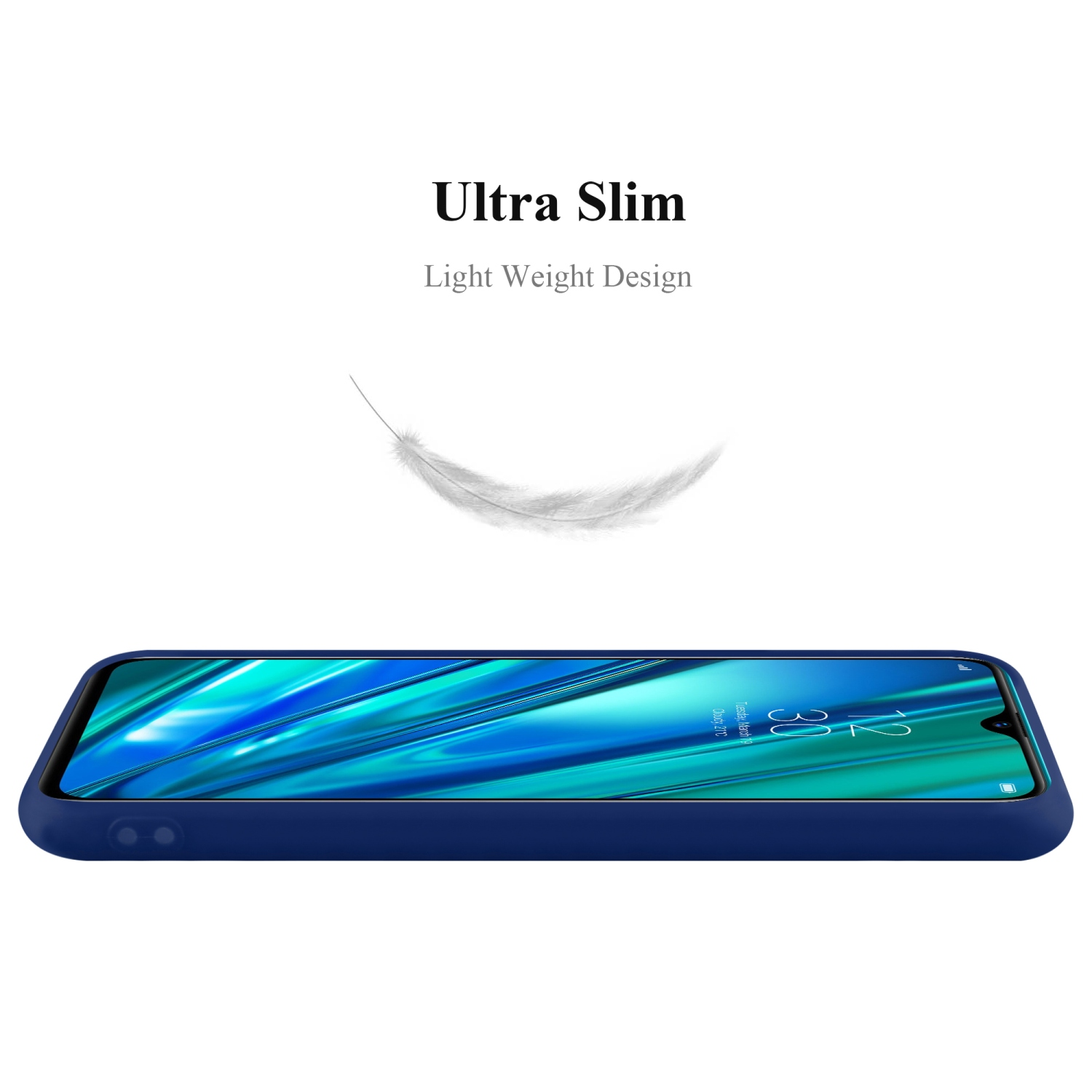Una custodia blu navy, con un telefono dentro e una piuma.