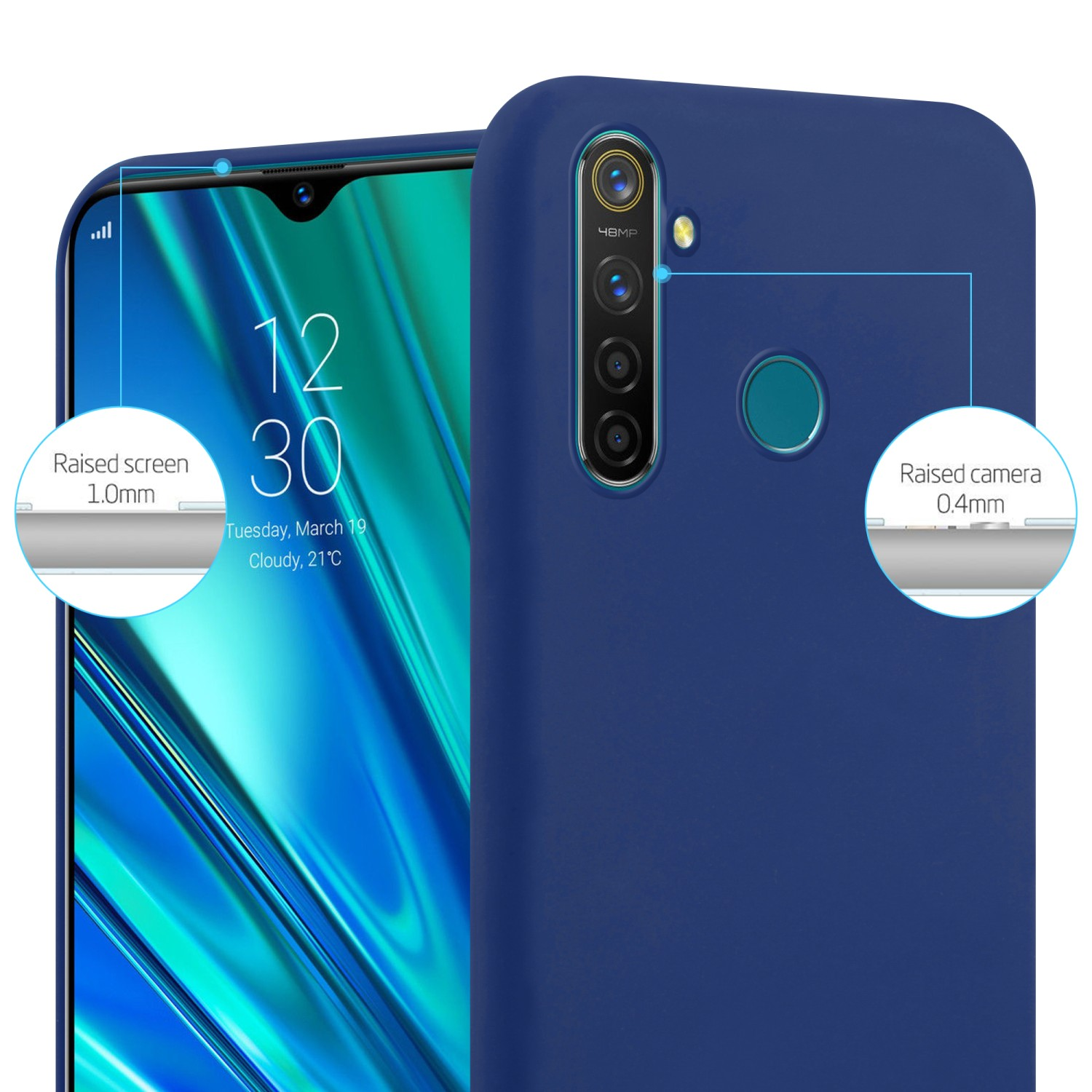 Custodia blu con telefono all'interno. Mostra la protezione dello schermo e della fotocamera rialzata.