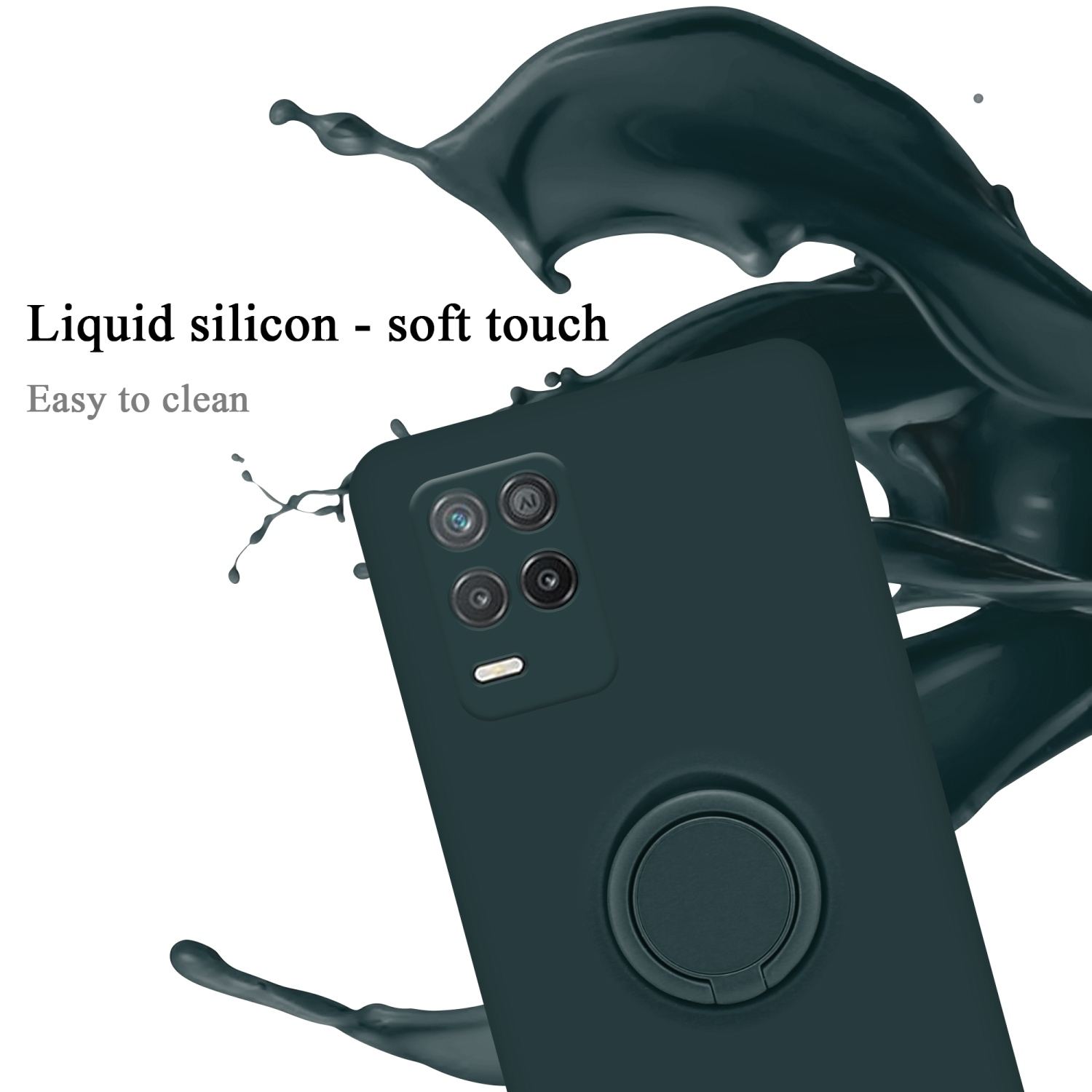 Una custodia per telefono verde acqua con anello, spruzzi di liquido nero sullo sfondo e sfondo bianco.
