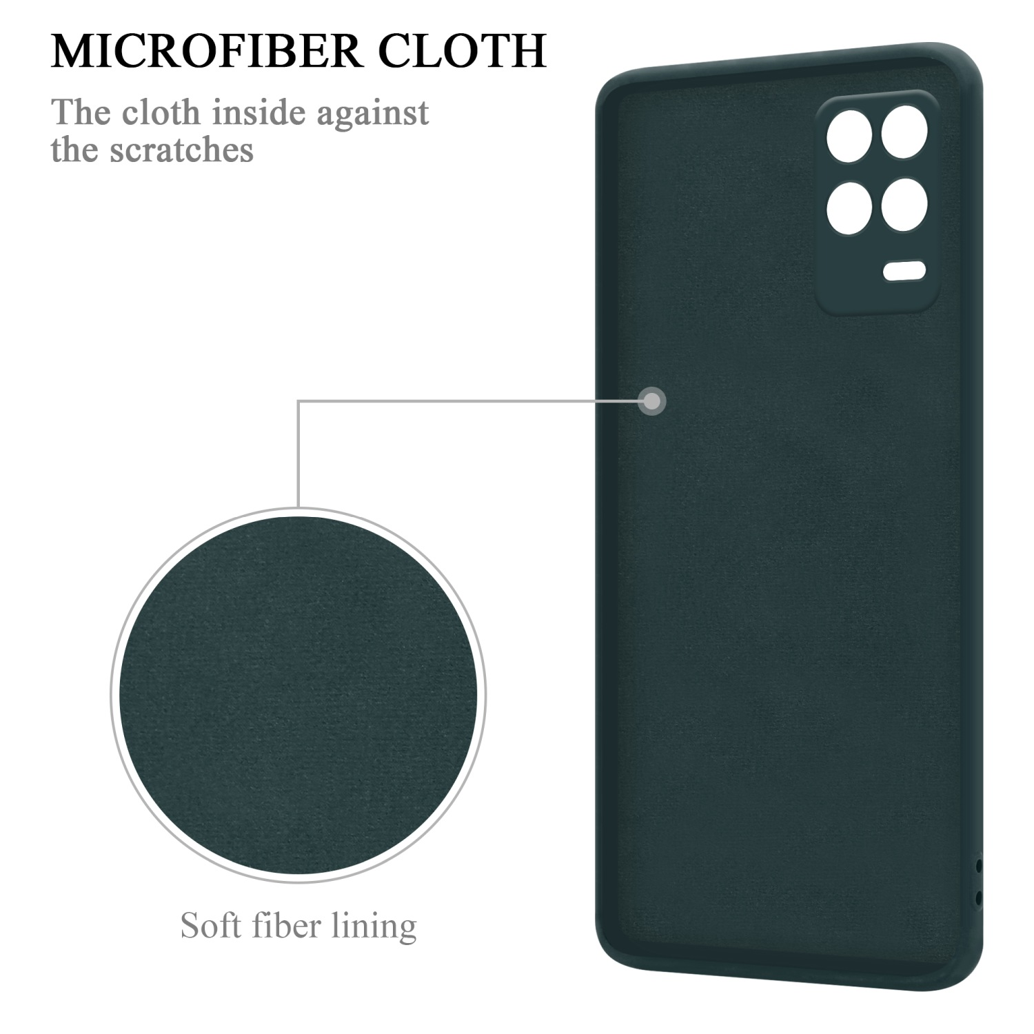 Una custodia per telefono di colore verde scuro. Un primo piano mostra una morbida fodera interna.