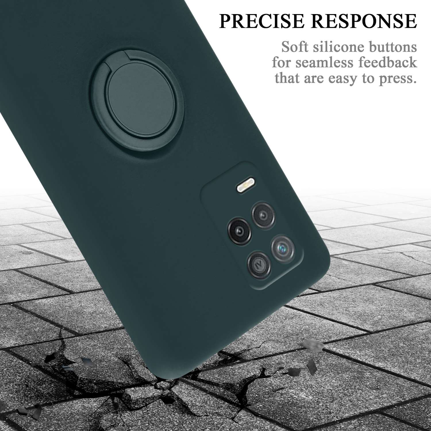 Custodia per telefono verde scuro con modulo fotocamera e supporto ad anello, su superficie crepata.