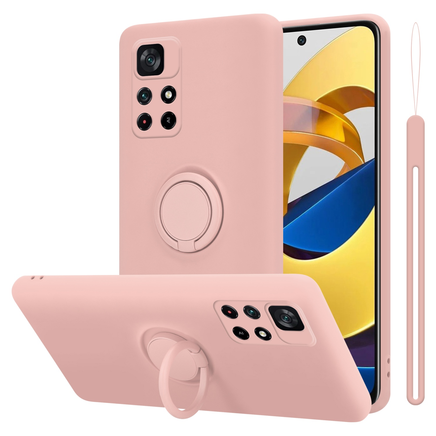 Custodie per telefono rosa con supporto ad anello. Telefono visualizzato sullo schermo. Sfondo bianco.