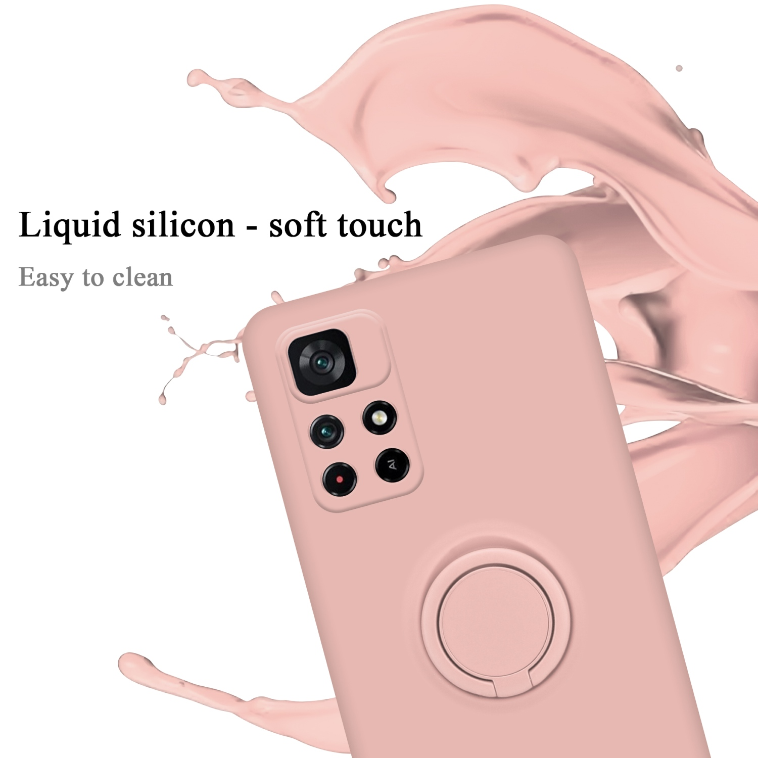 Custodia rosa per telefono con anello, schizzi di liquido sullo sfondo.