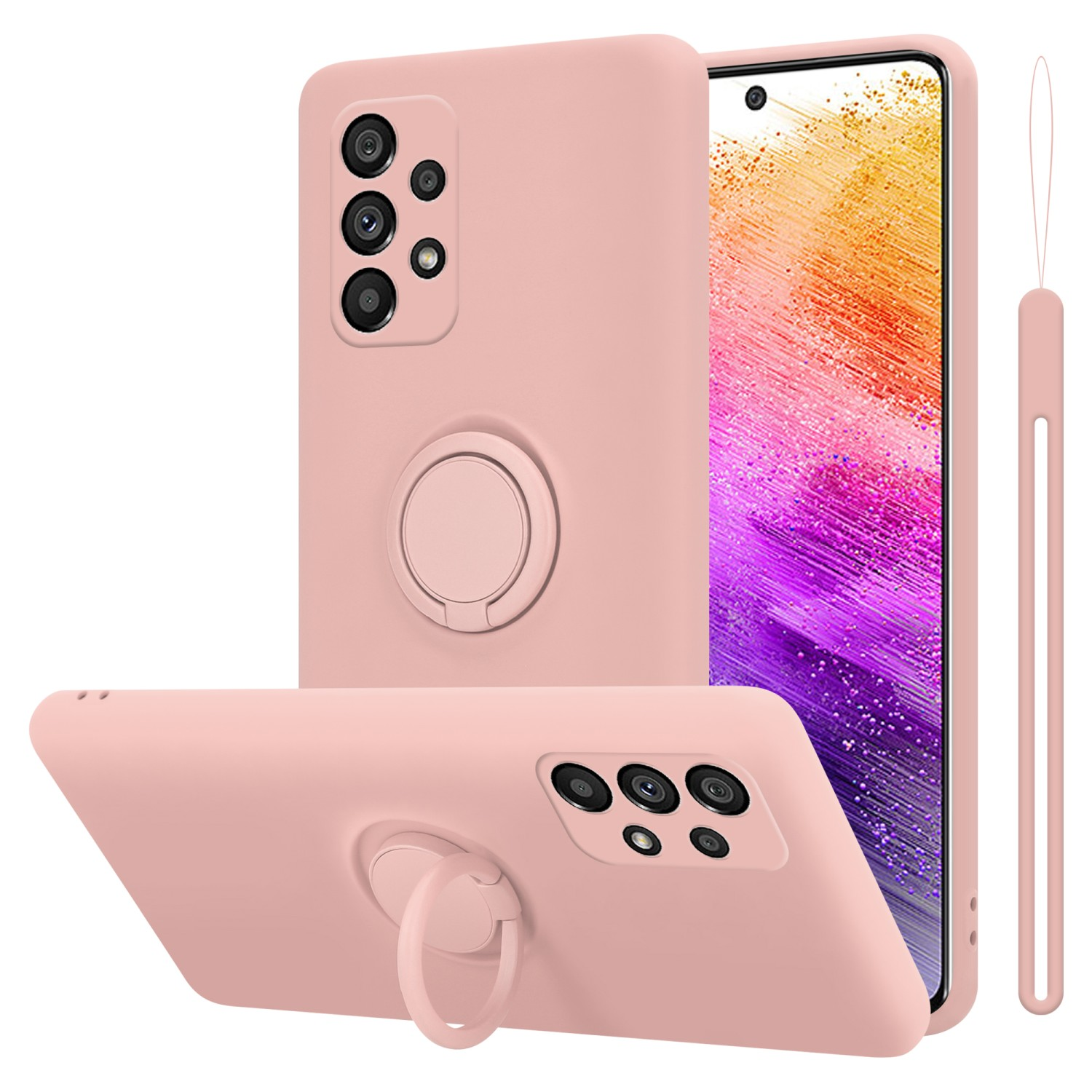 Custodia rosa con anello di supporto. Tre viste del telefono nella custodia.