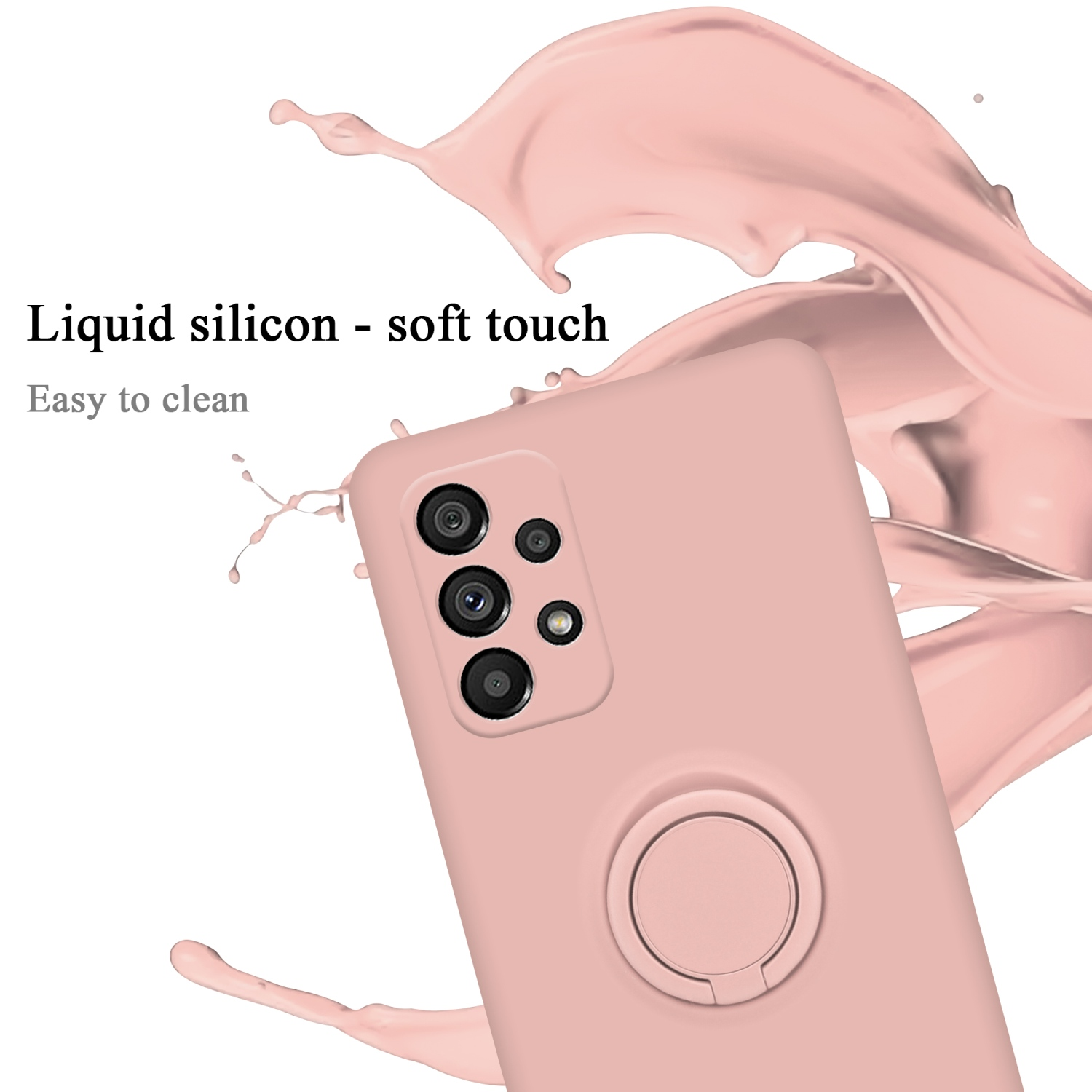 Custodia per telefono rosa con anello. Schizzo di liquido rosa. Il telefono è all'interno della custodia.