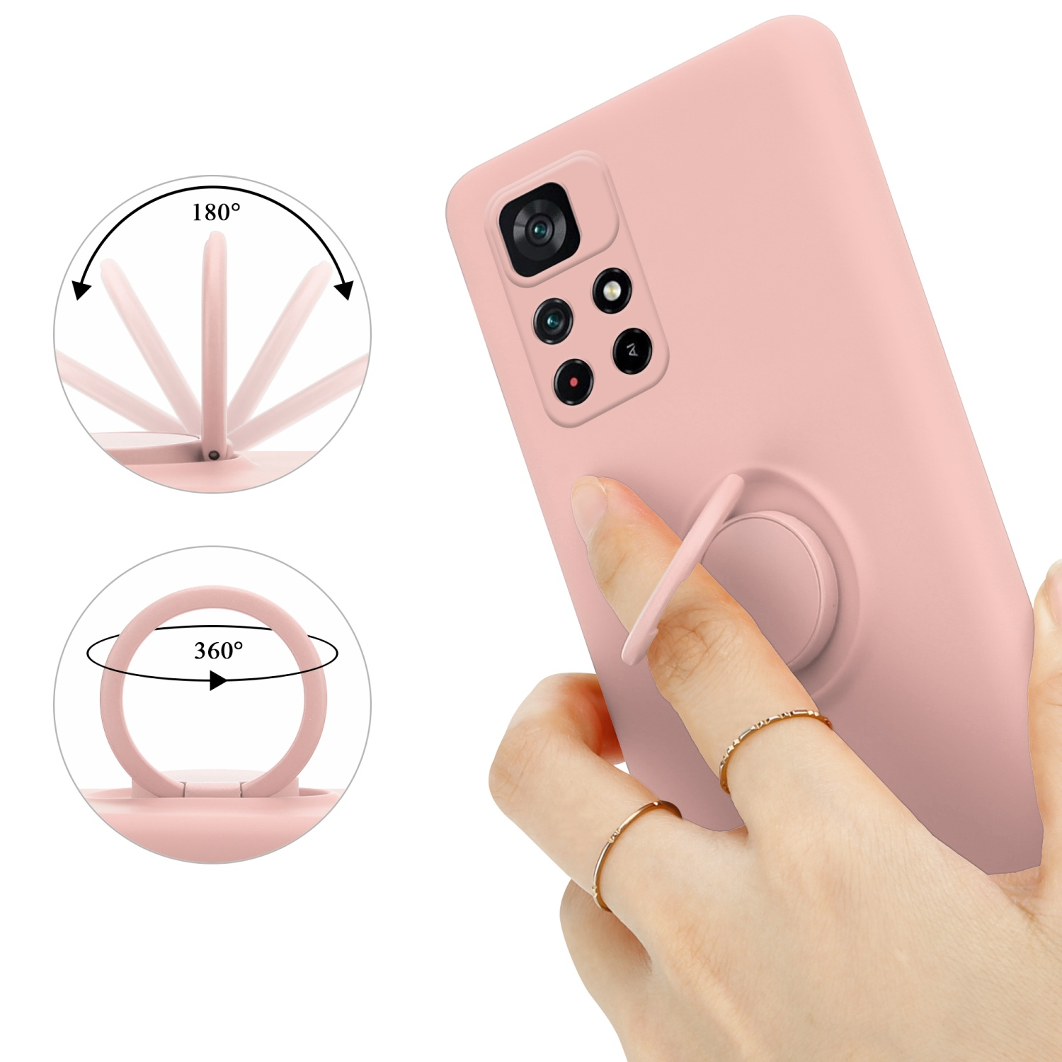Custodia rosa con telefono in mano. Supporto ad anello e rotazione 180/360 gradi.