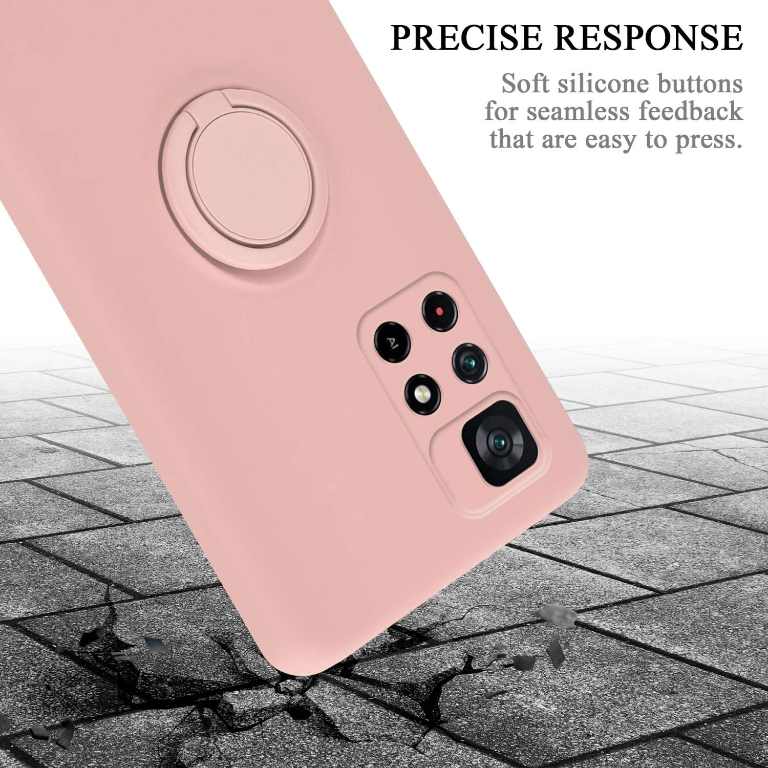 Una custodia per telefono rosa con un supporto a forma di anello. Cadono piccoli oggetti.