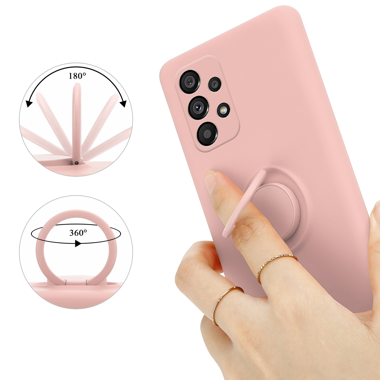 Telefono rosa con supporto ad anello, accanto a una mano che indossa un anello. Le frecce mostrano il movimento dell'anello.