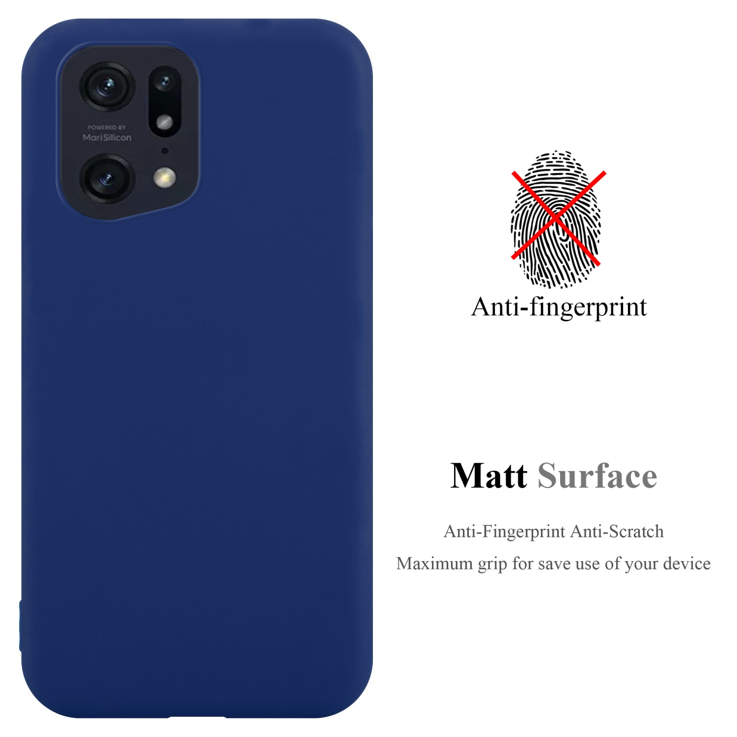 Custodia blu scuro per telefono con superficie opaca. Un simbolo di impronta digitale è barrato.