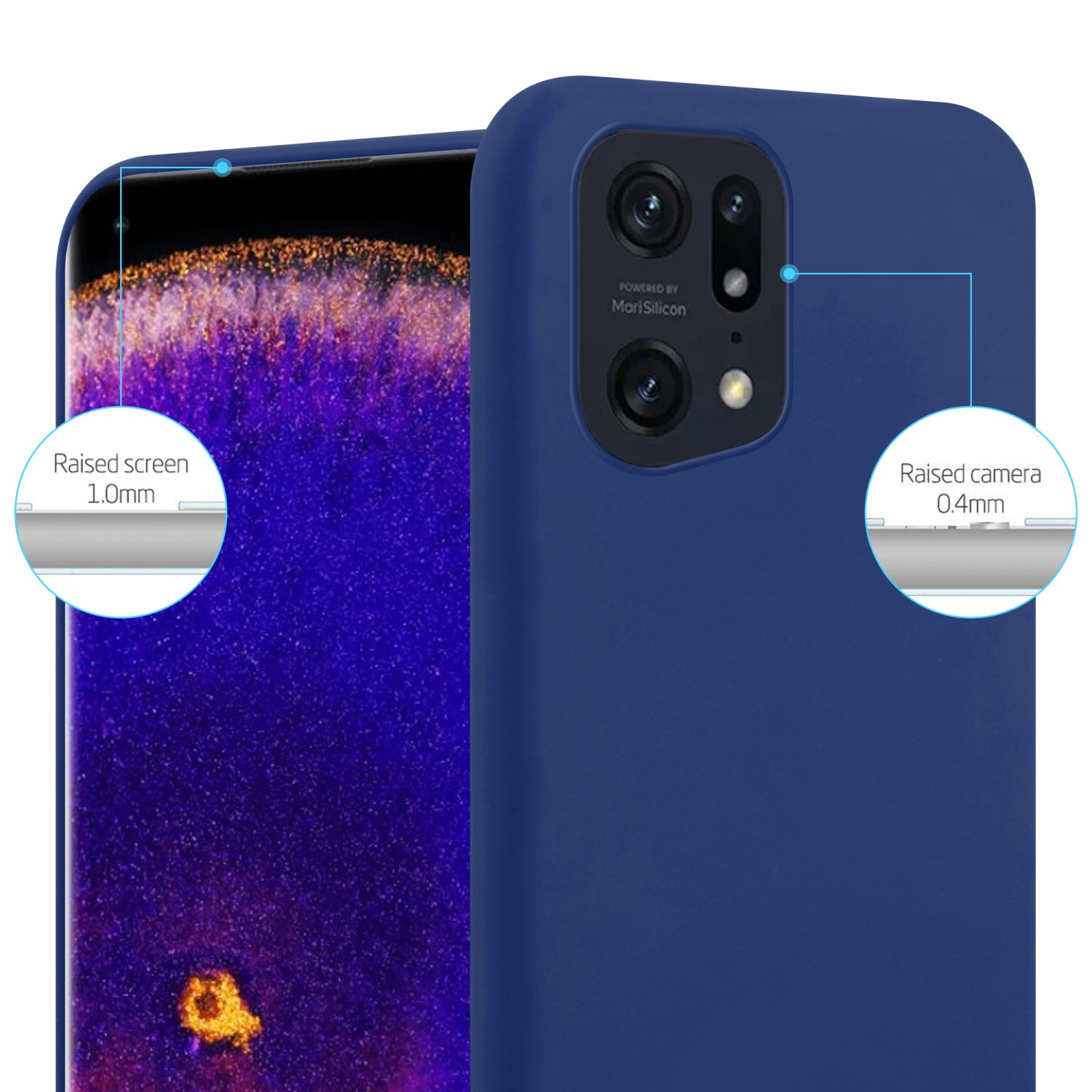Custodia per telefono blu scuro con protezione schermo e fotocamera rialzate. Sfondo bianco.
