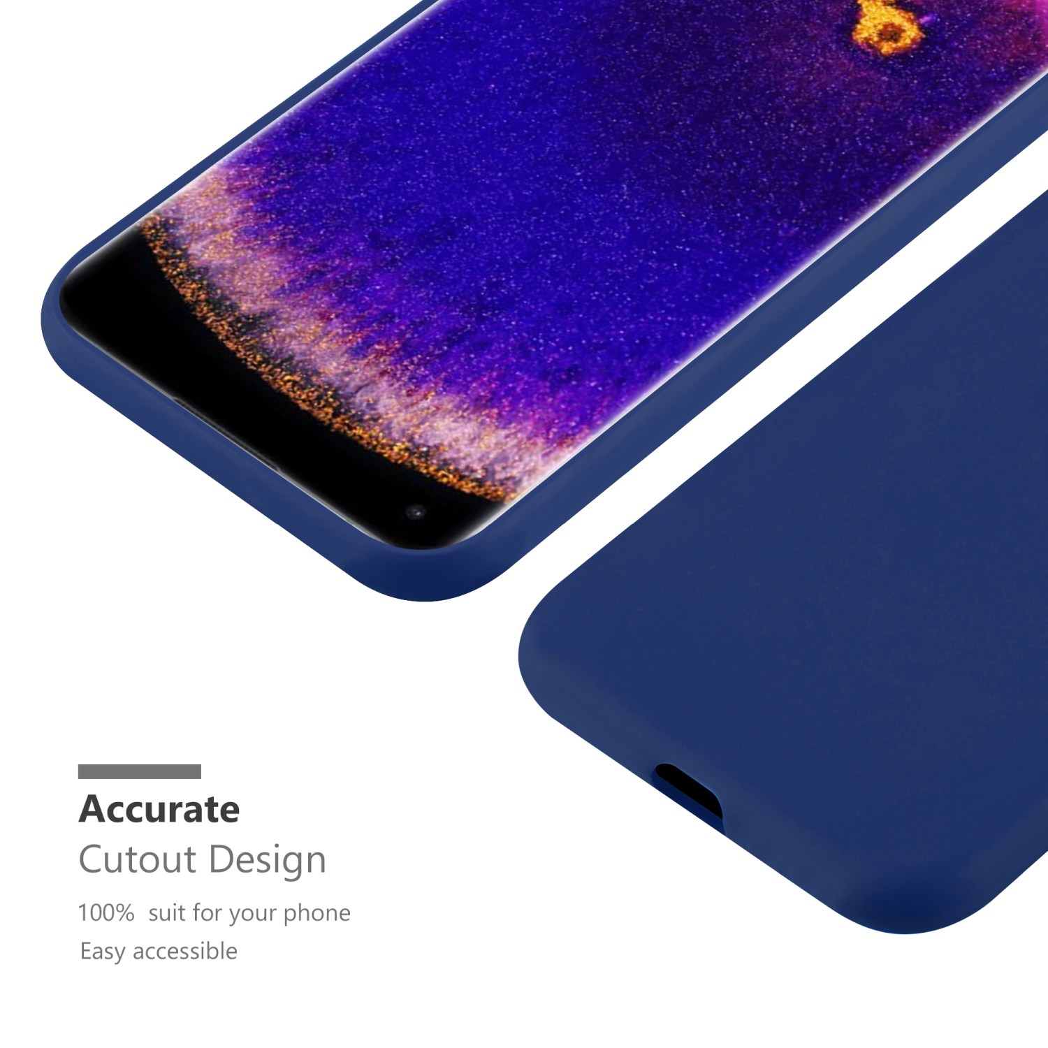 Primo piano di una custodia blu per telefono. Lo schermo mostra un design astratto e colorato.