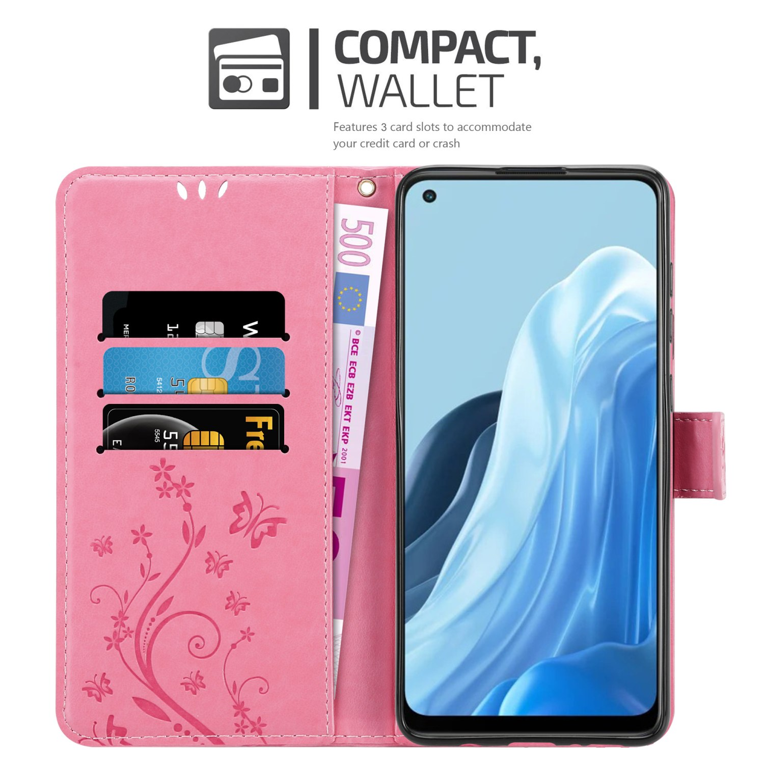 Custodia rosa per telefono aperta, 3 carte e denaro nella custodia. Schermo del telefono visibile.