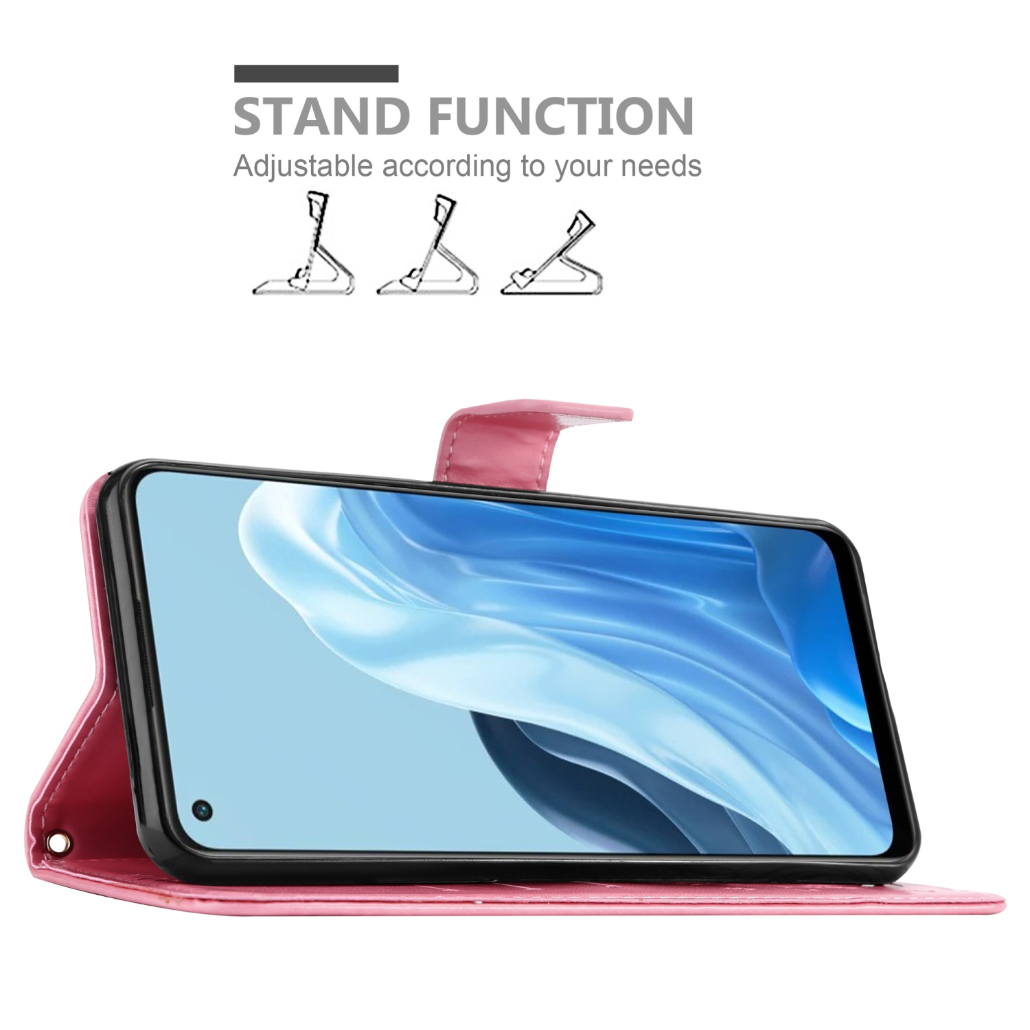 Un telefono in una custodia rosa con supporto, con un messaggio di funzione stand.