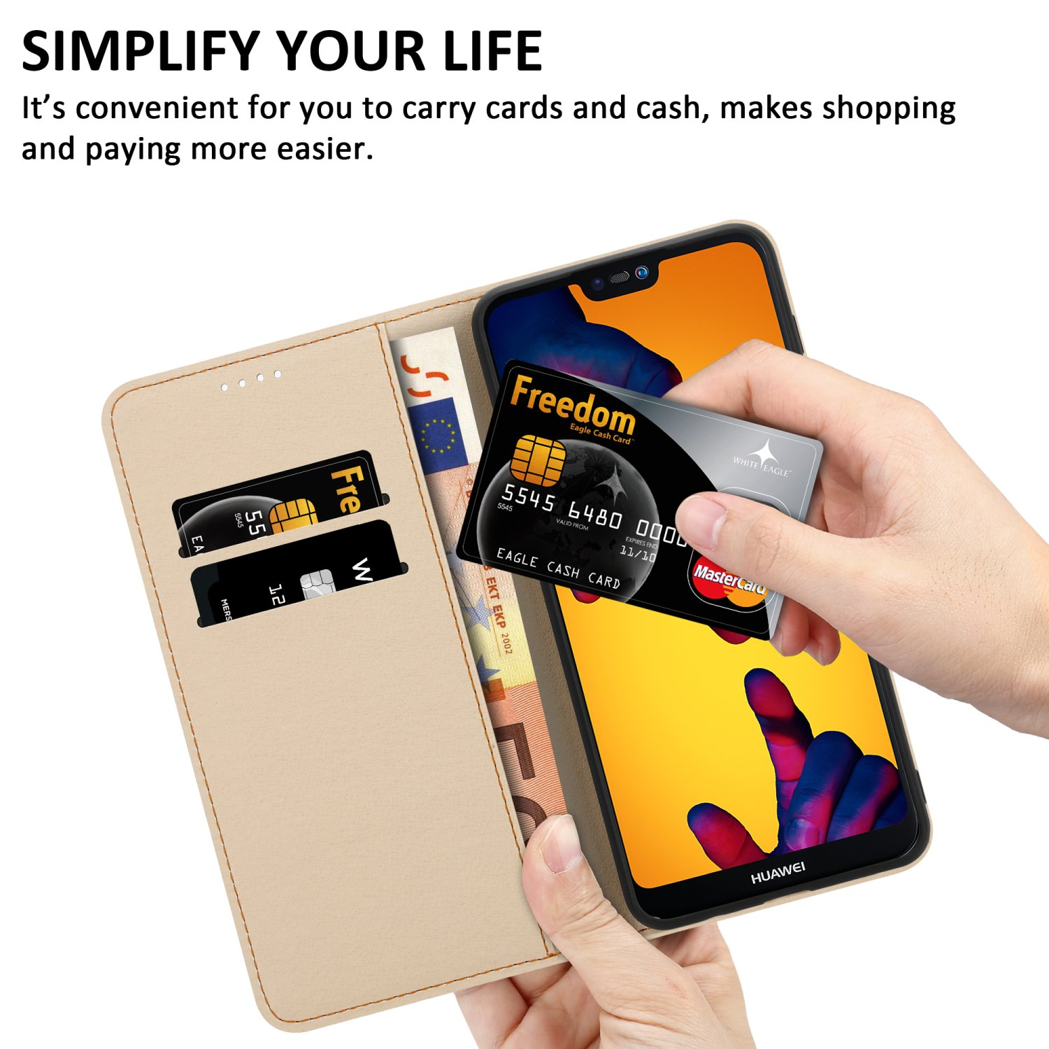 Custodia del telefono aperta con carte e denaro. Una mano tiene una carta di credito. Testo: Semplifica la tua vita.
