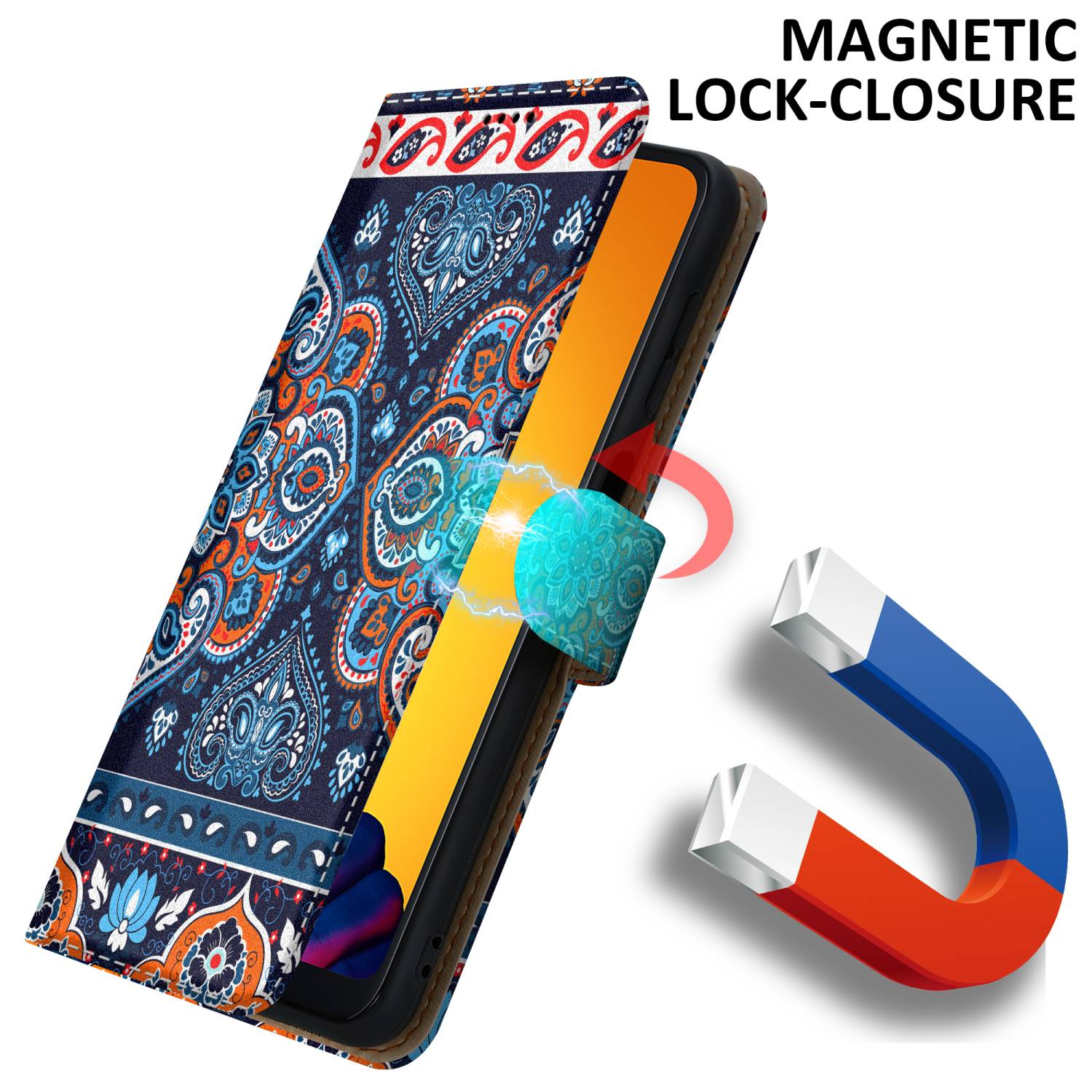 Custodia per telefono con chiusura magnetica. Il design ha un motivo mandala.