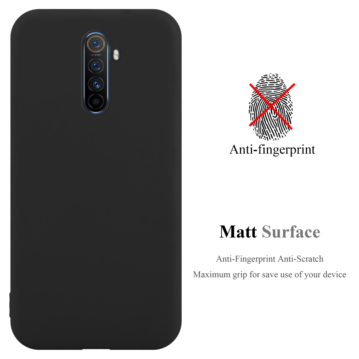 Schwarzes Telefon mit matter Oberfläche, Anti-Fingerabdruck- und Anti-Kratz-Funktionen. Text daneben.