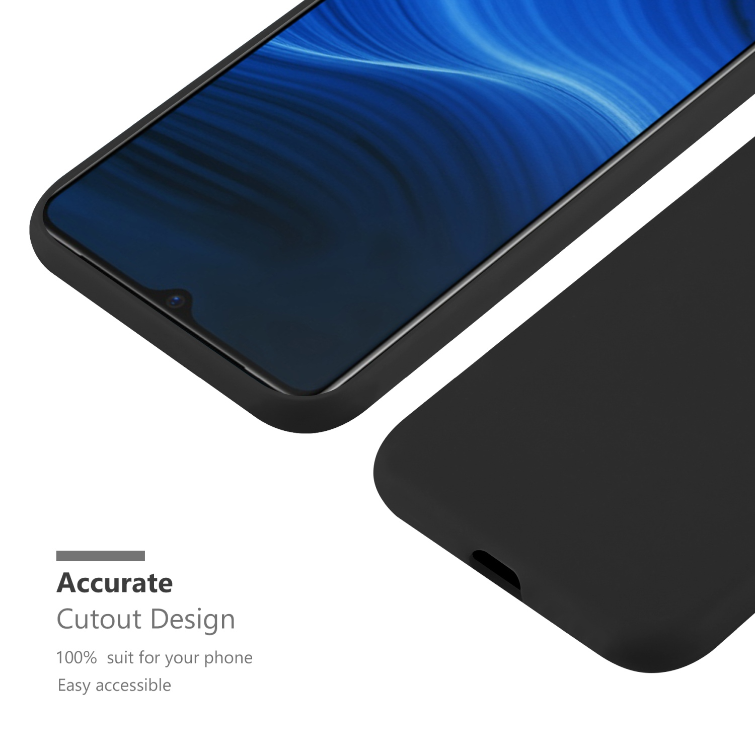 Schwarze Handyhülle mit Telefon. Genaues Ausschnittdesign. Text: Genaues Ausschnittdesign.